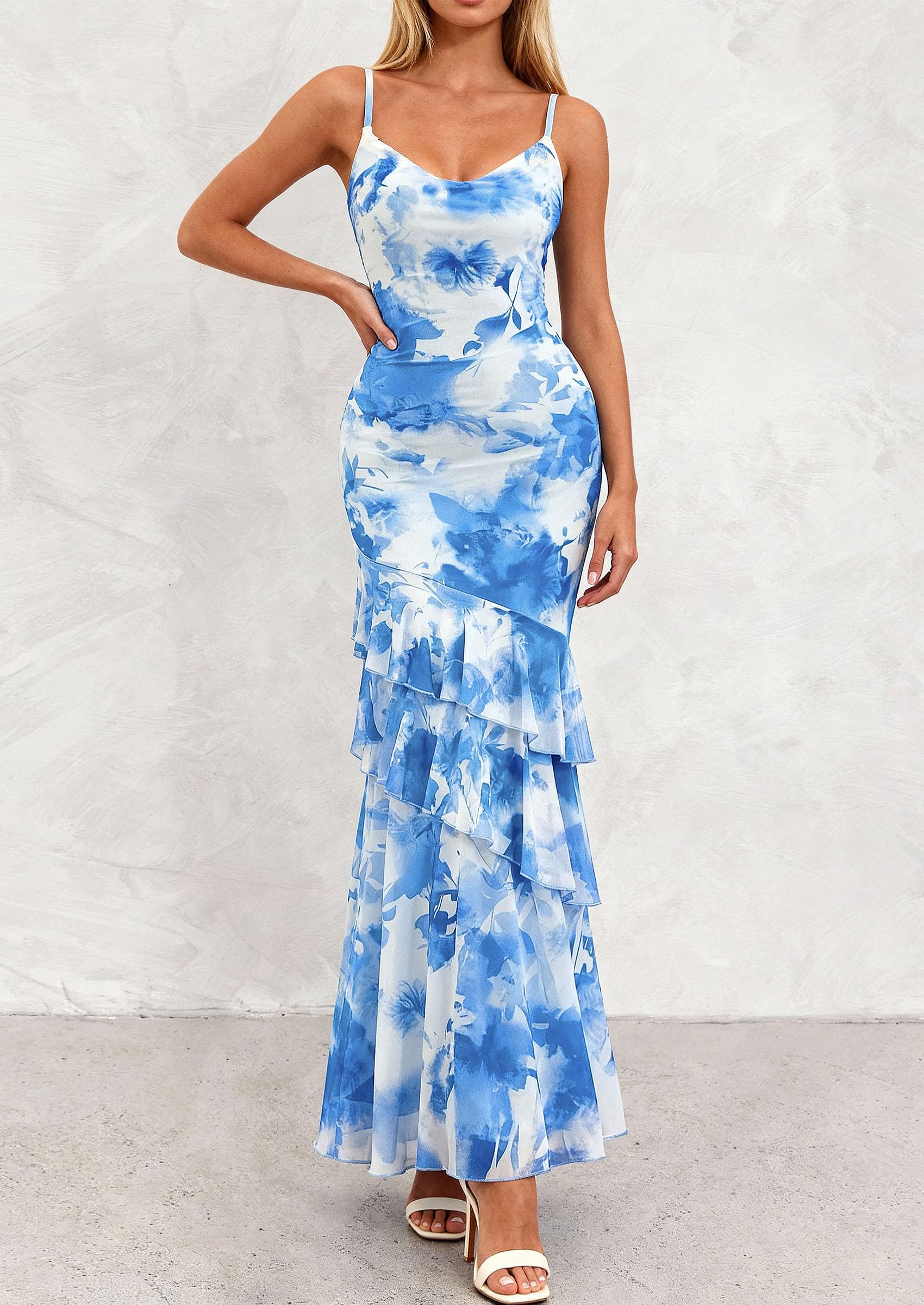 Women's Boho Floral Tiered Maxi Dress, Blue,XS