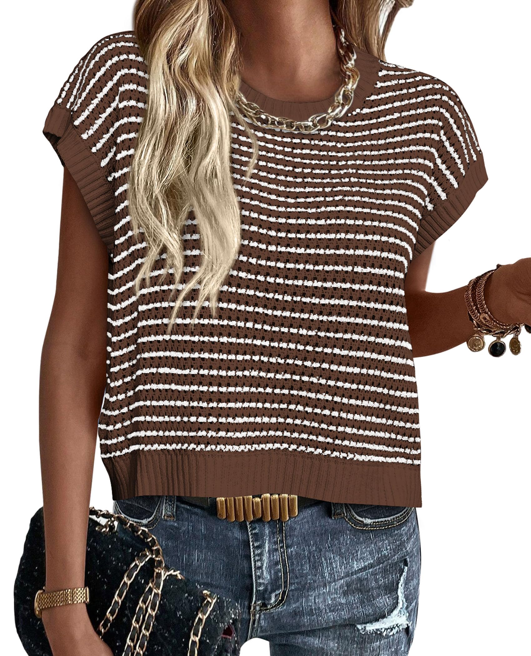 Women's Striped Short Sleeve Sweater Vest Dark Brown,S