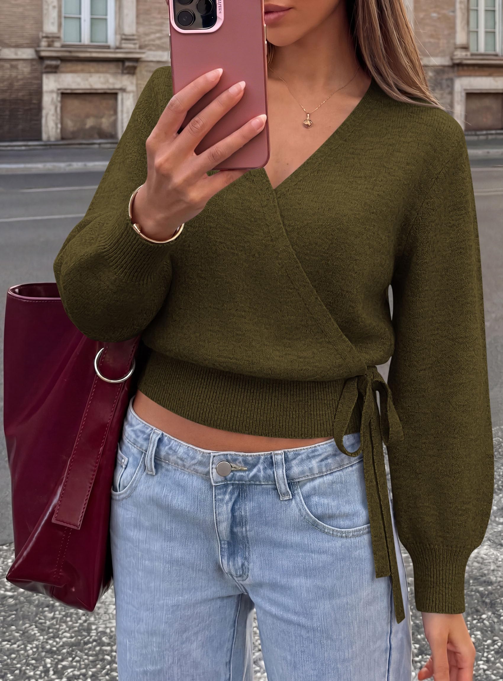 V Neck Wrap Sweaters for Women Fall Outifts Pullover