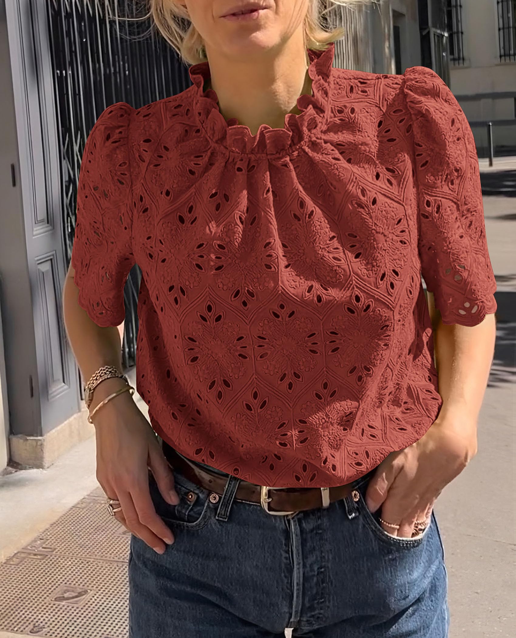 Women Summer Tops Eyelet Embroidered Shirts,Brown Red,XS