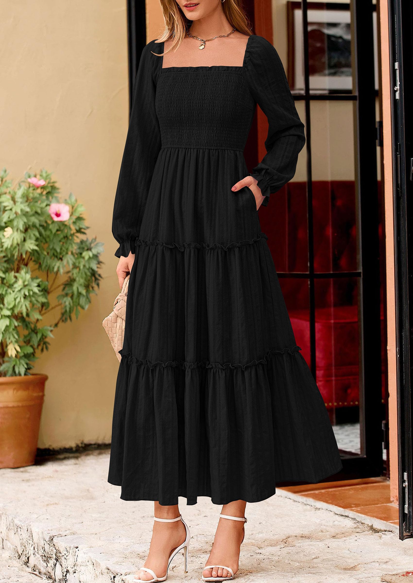 Women's Long Sleeve Ruffle Flowy Maxi Dress,Black,S