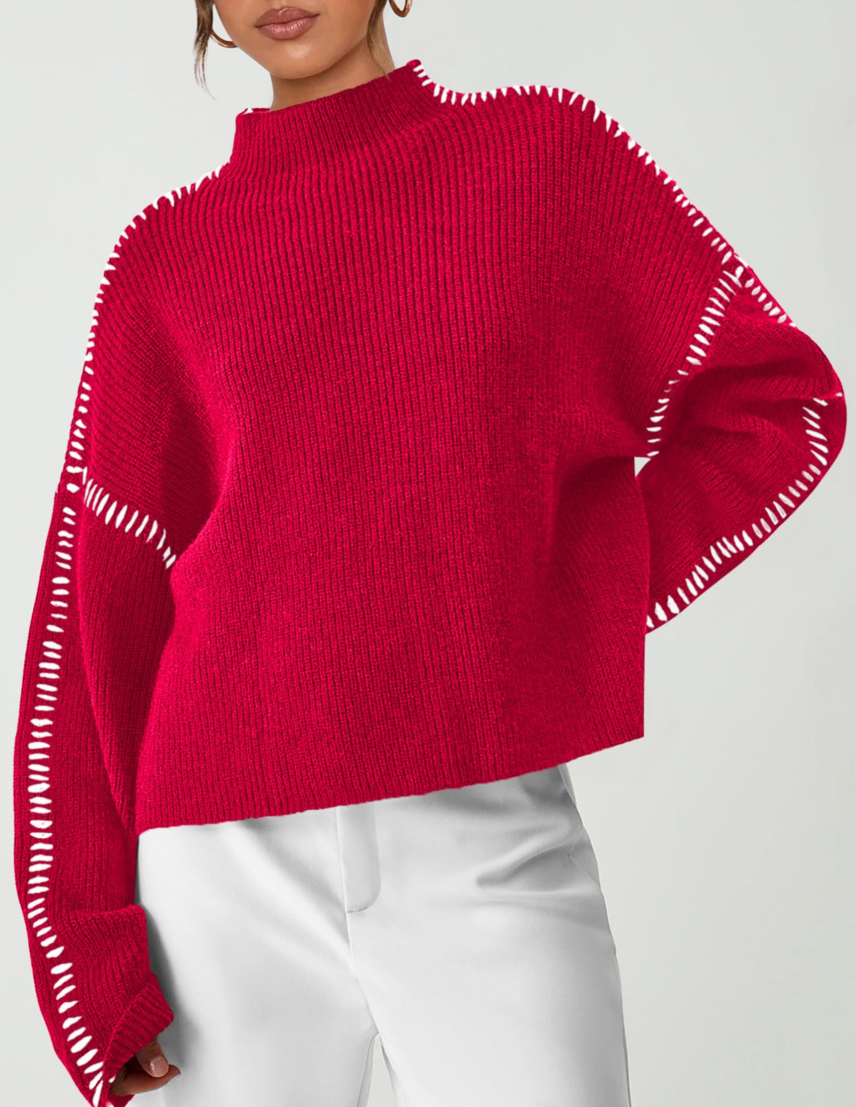Womens Chunky Knit Oversized Pullover Sweaters,Red,S