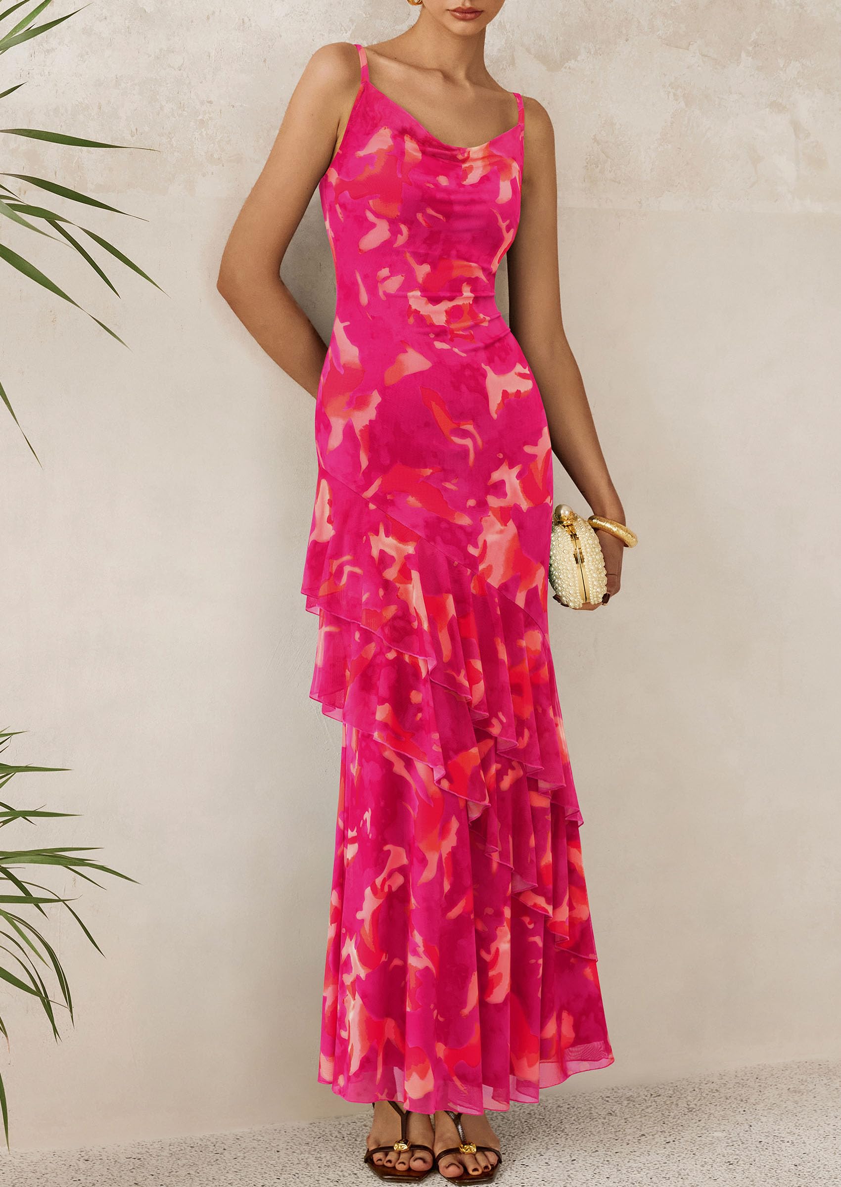 Women's Boho Floral Tiered Maxi Dress, Floral Rose Red,XS