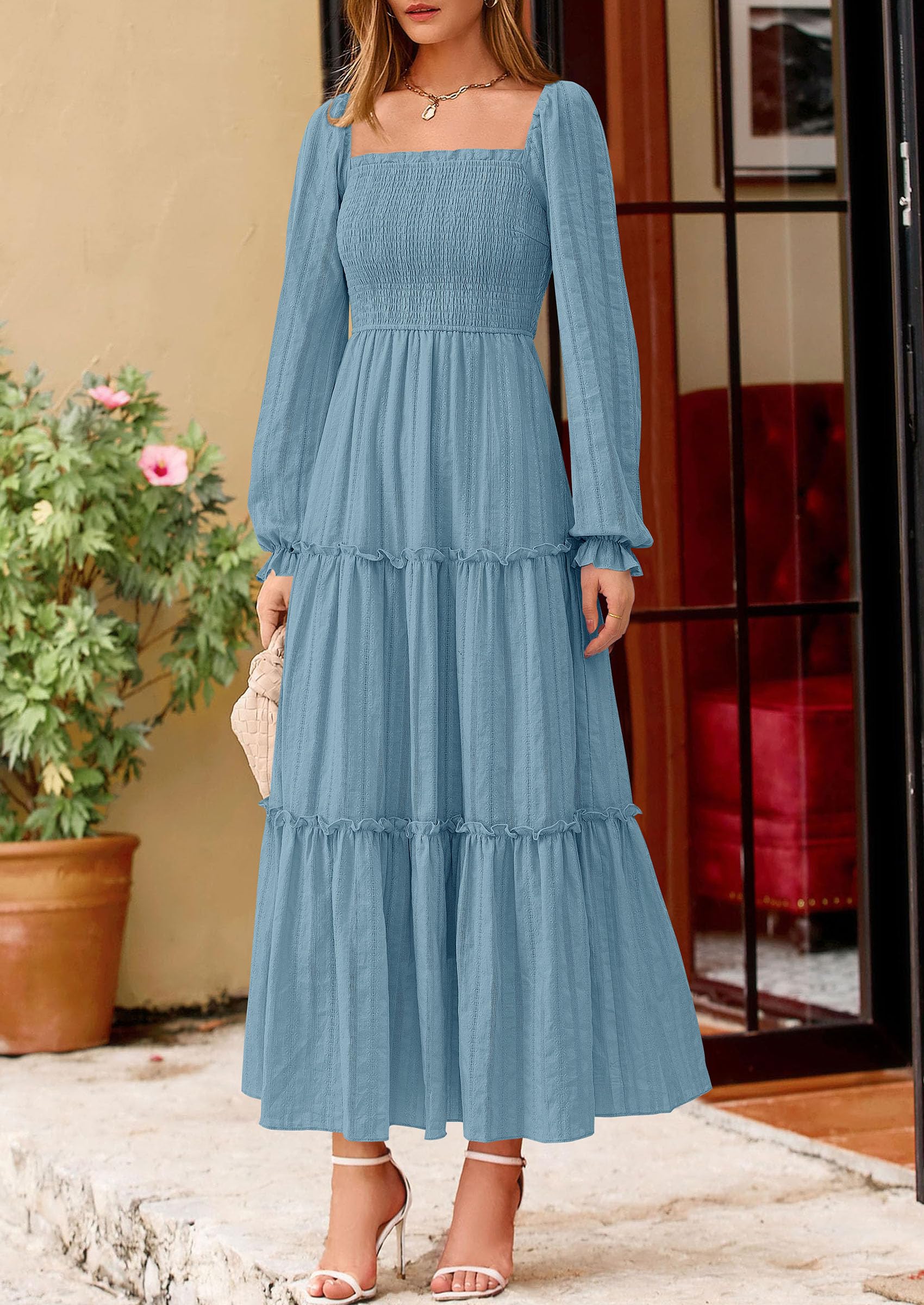 Women's Long Sleeve Ruffle Flowy Maxi Dress,Dusty Blue,S