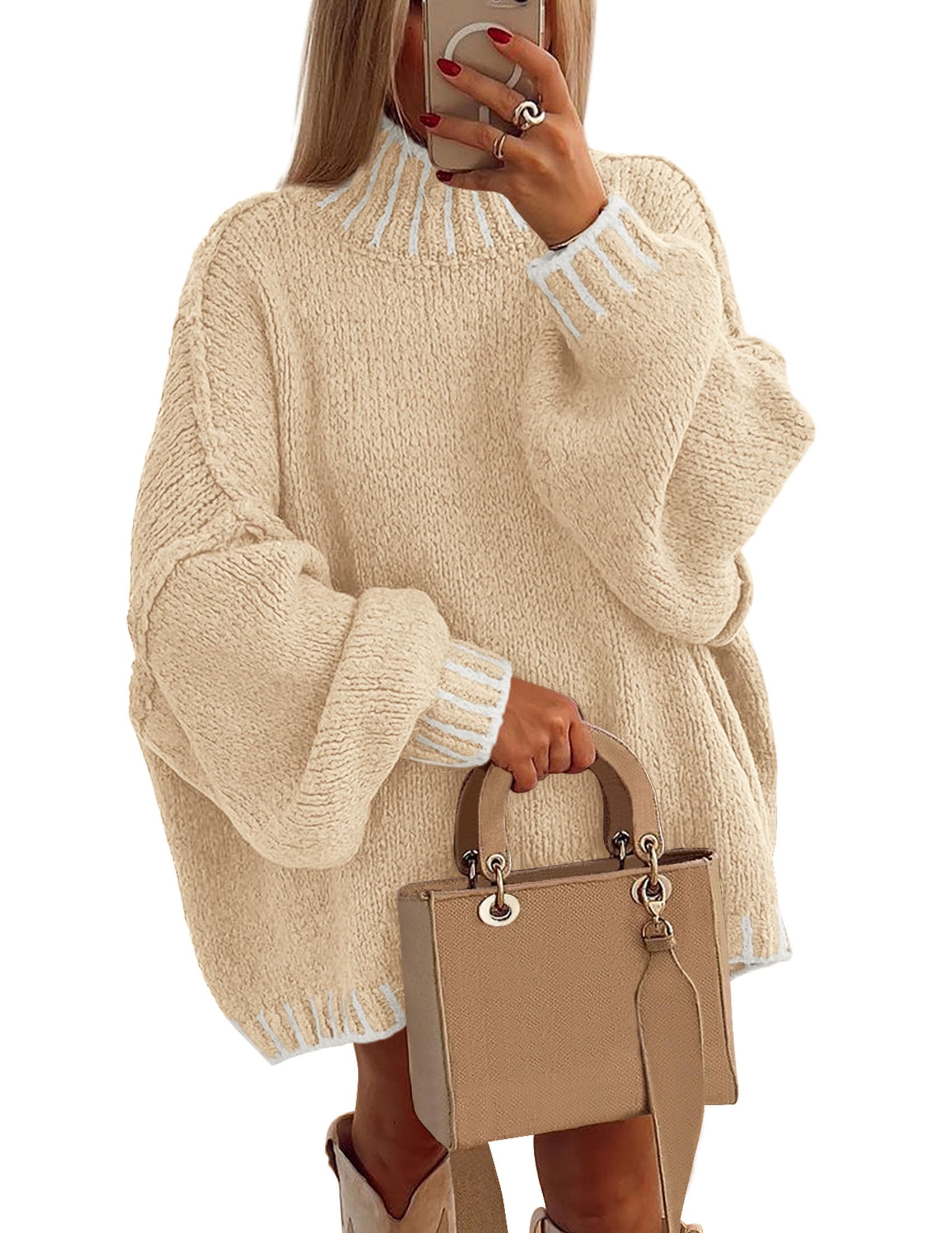Women's Mock Neck Oversized Pullover Sweaters,Apricot,XS