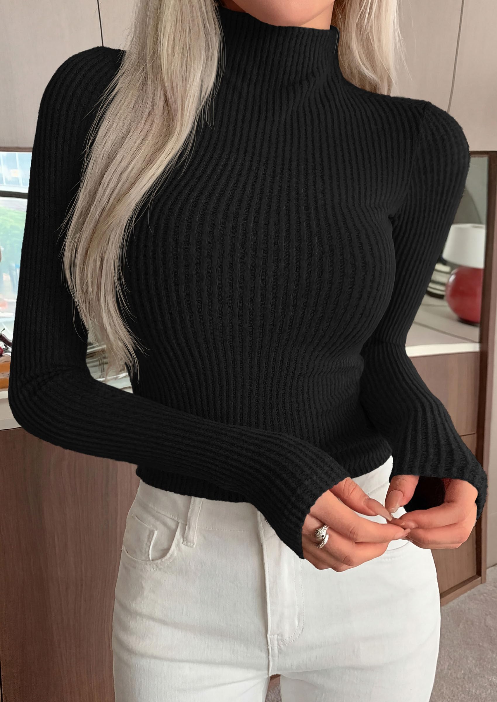 Long Sleeve Shirts for Women Fall Ribbed Mock Turtleneck Tops