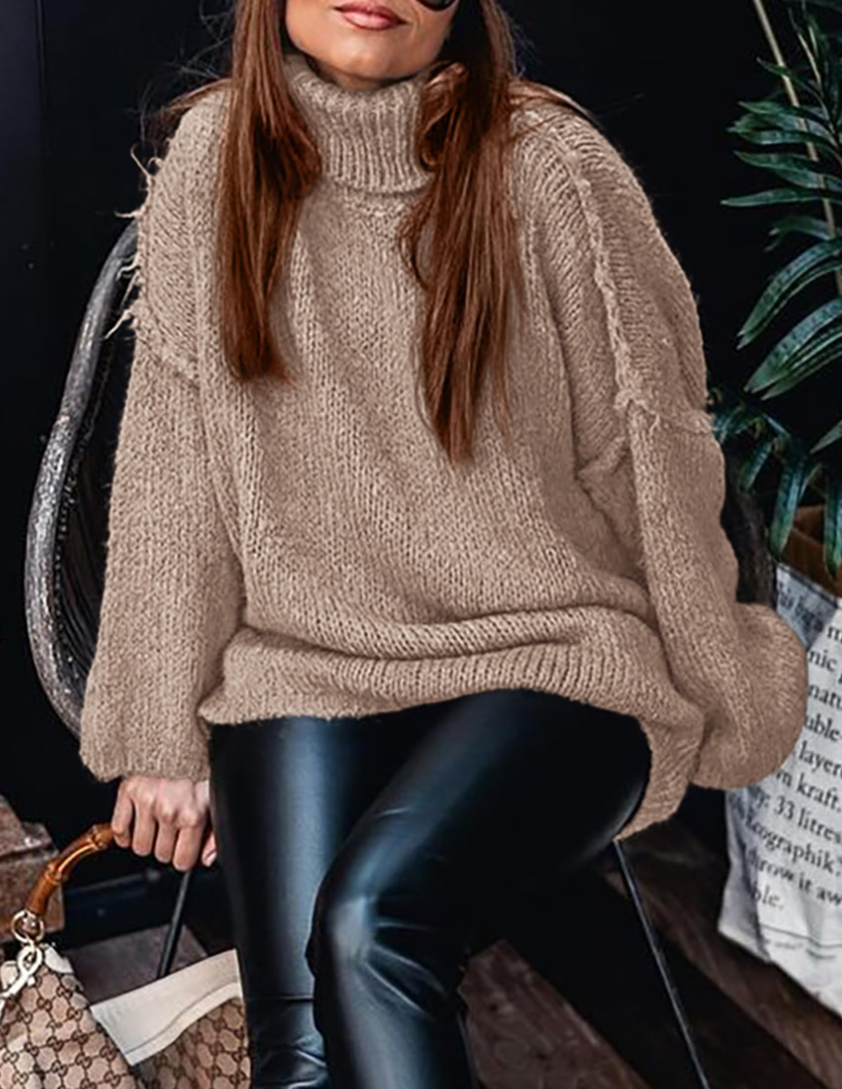 Womens Turtleneck Long Sleeve Oversized Sweaters,Khaki,L