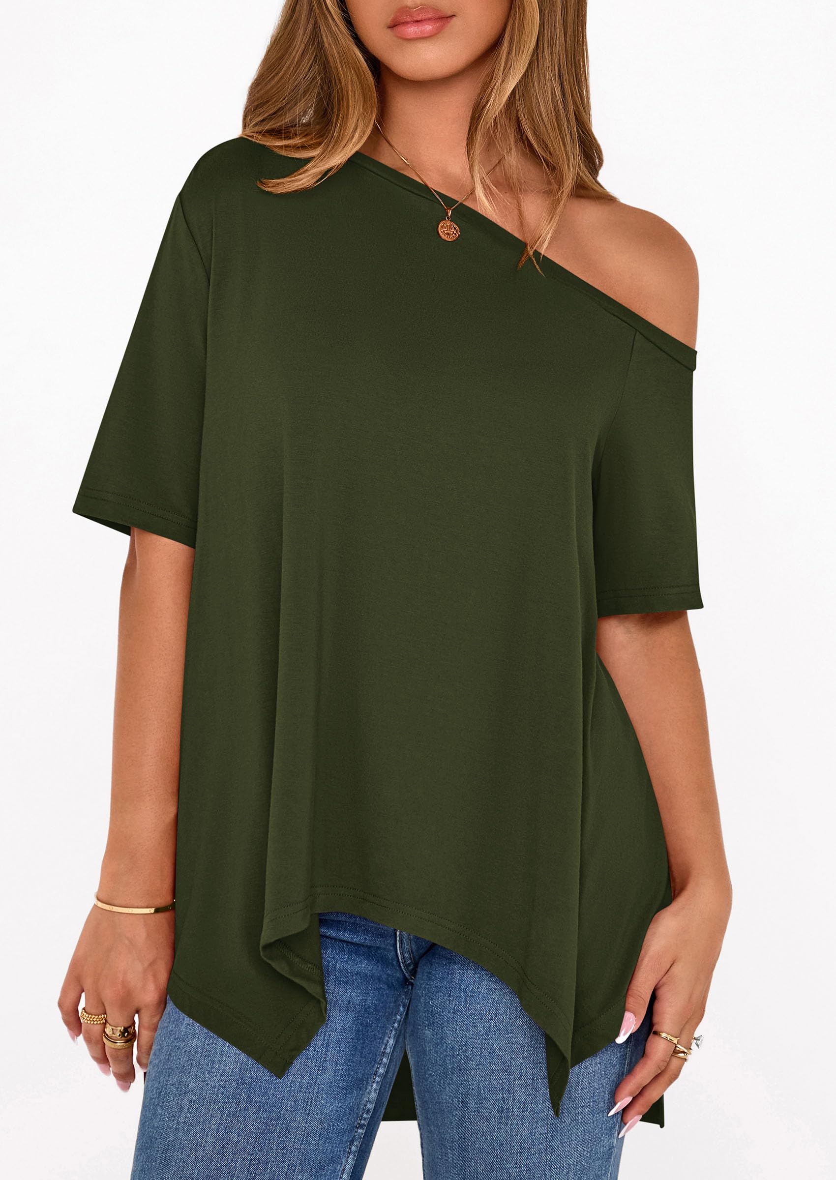 Off Shoulder Tops for Women Oversized Tshirts, Army Green,S