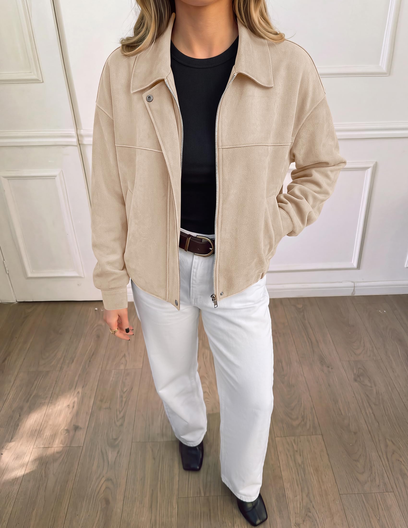 Women's Faux Suede Cropped Fall Jackets,Beige,S