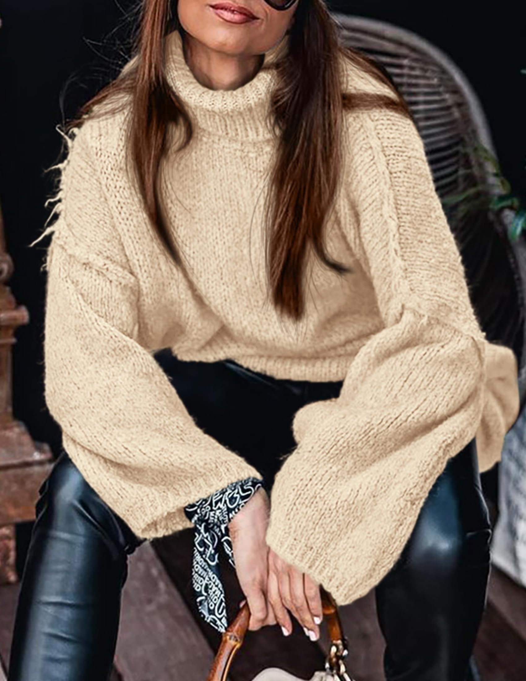 Womens Turtleneck Long Sleeve Oversized Sweaters,Beige,S