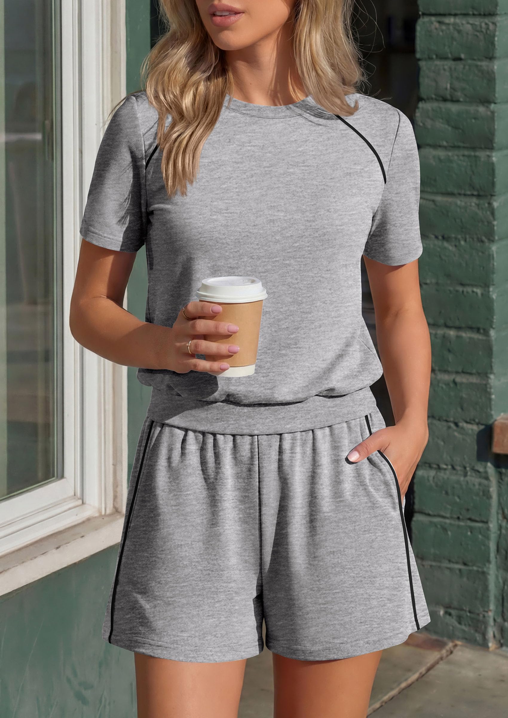Womens 2 Piece Short Sets Casual Summer Outfits, Grey,S