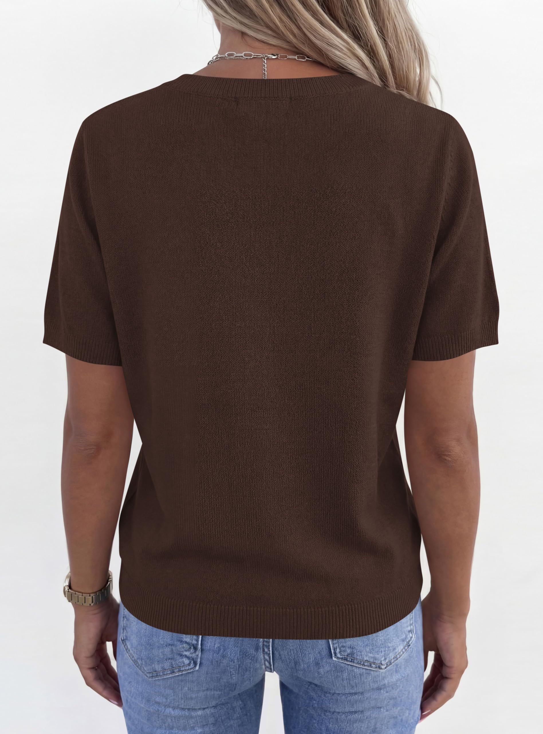 Womens Short Sleeve Sweater V Neck Tops,Brown,S