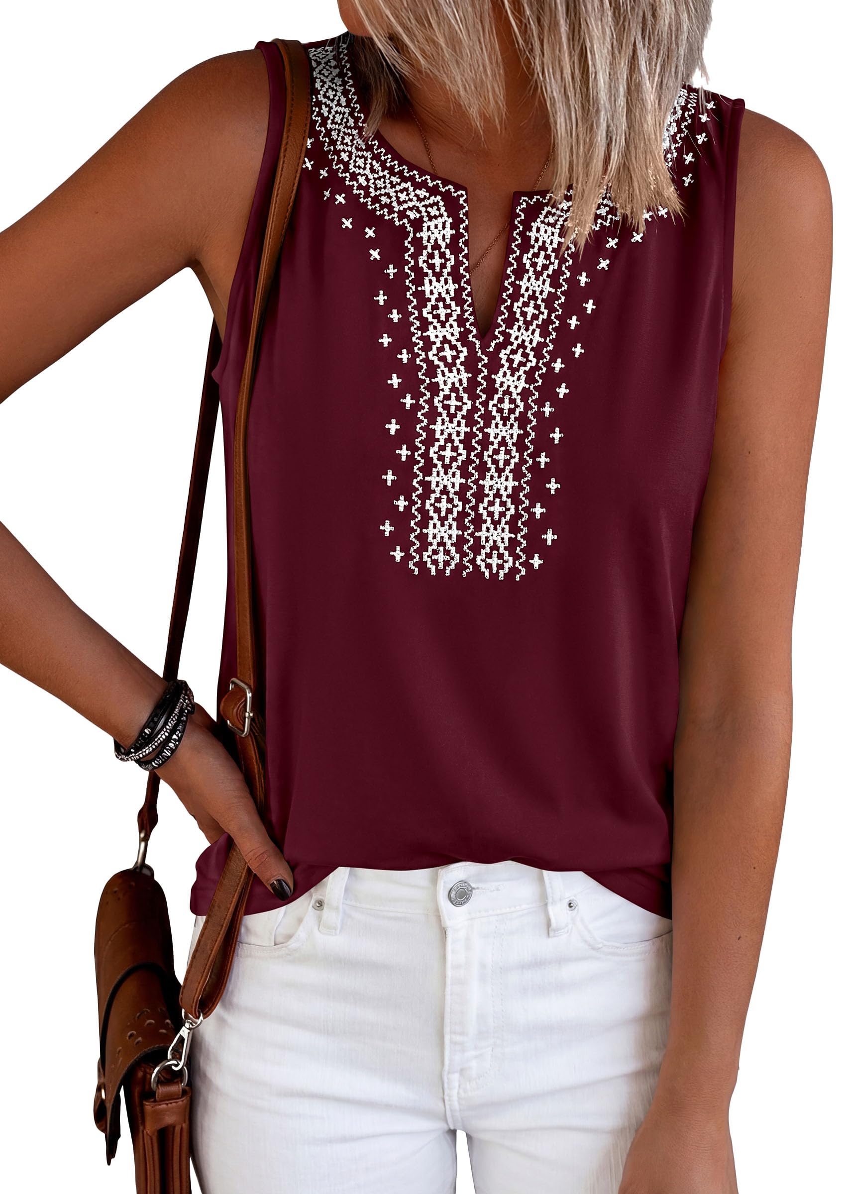 Womens Embroidered Sleeveless Tank Tops Wine Red,S