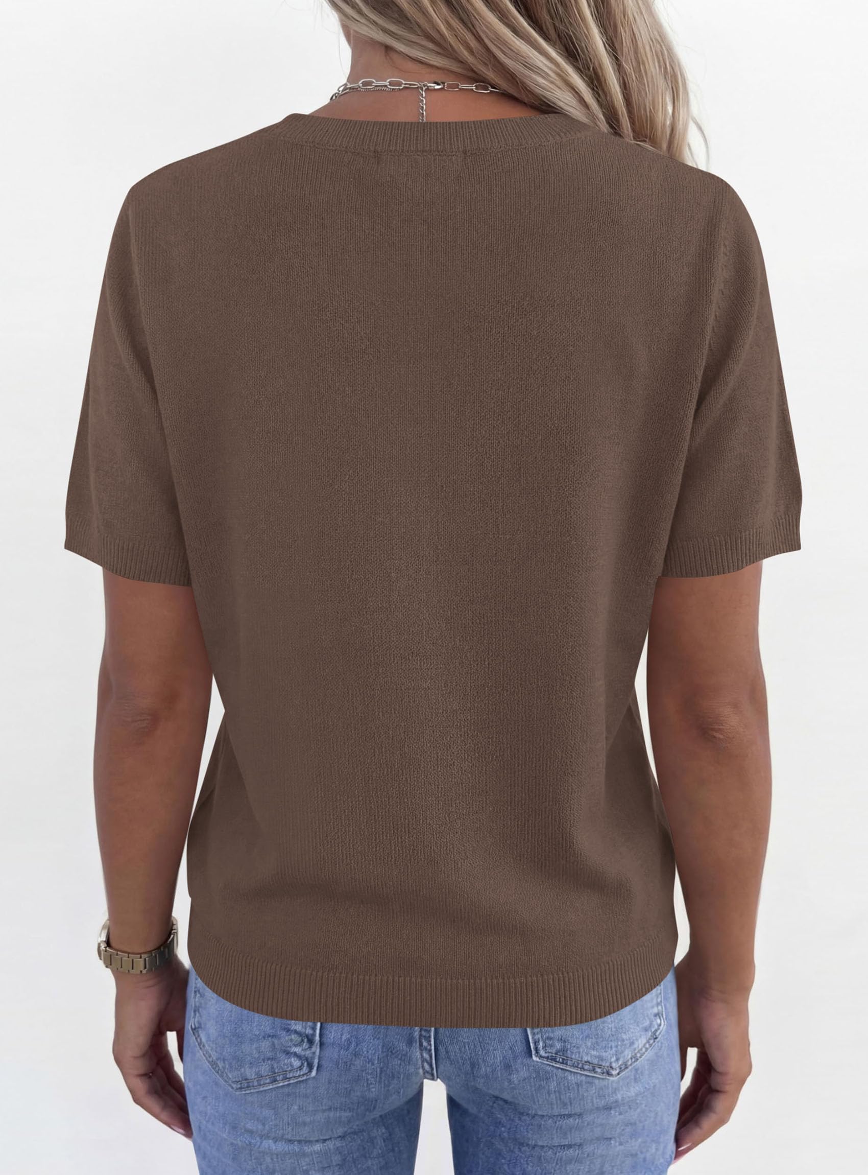 Womens Short Sleeve Sweater V Neck Tops,Light Brown,S