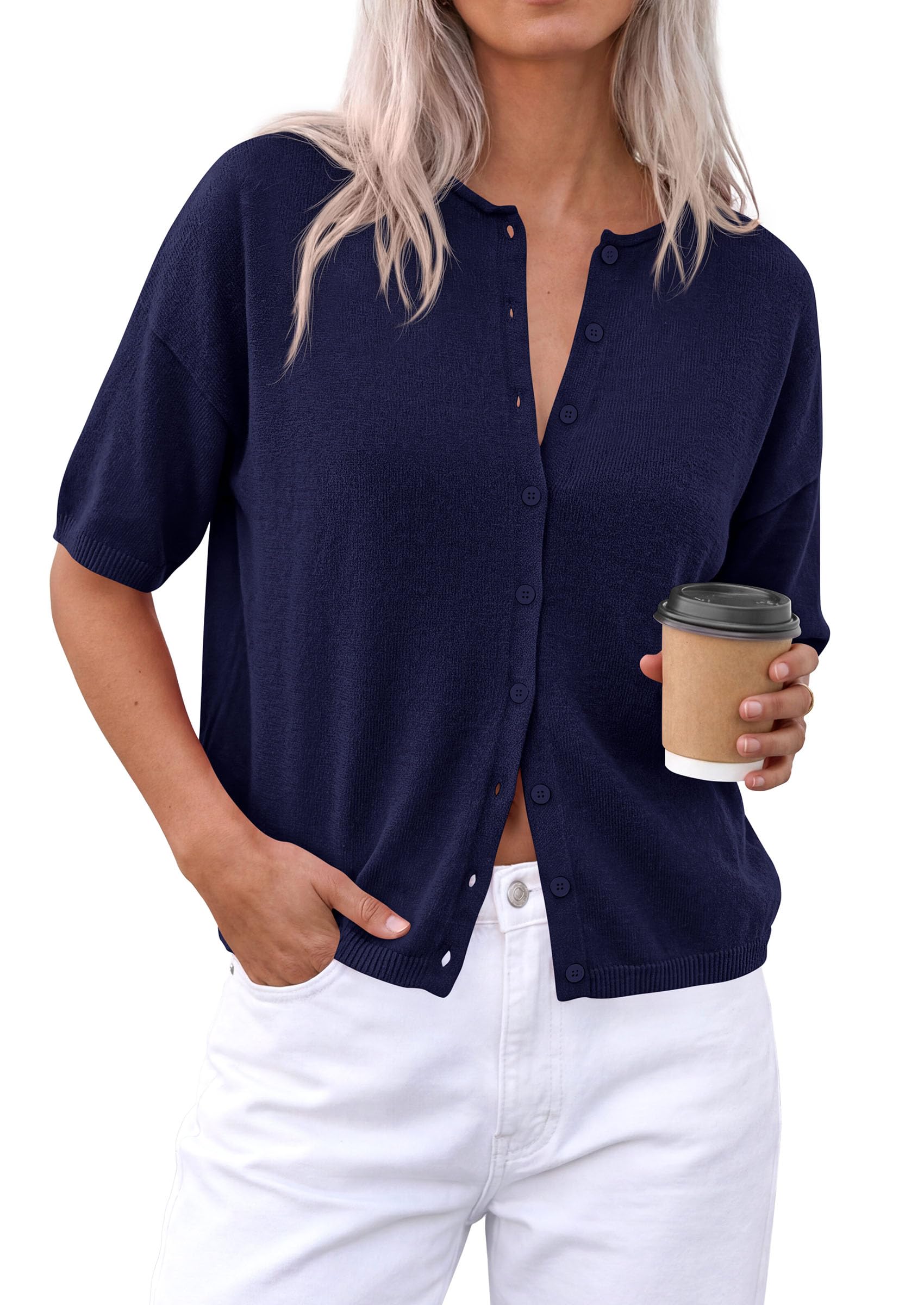 Women's Short Sleeve Cardigan Sweaters (Navy Blue,Small)