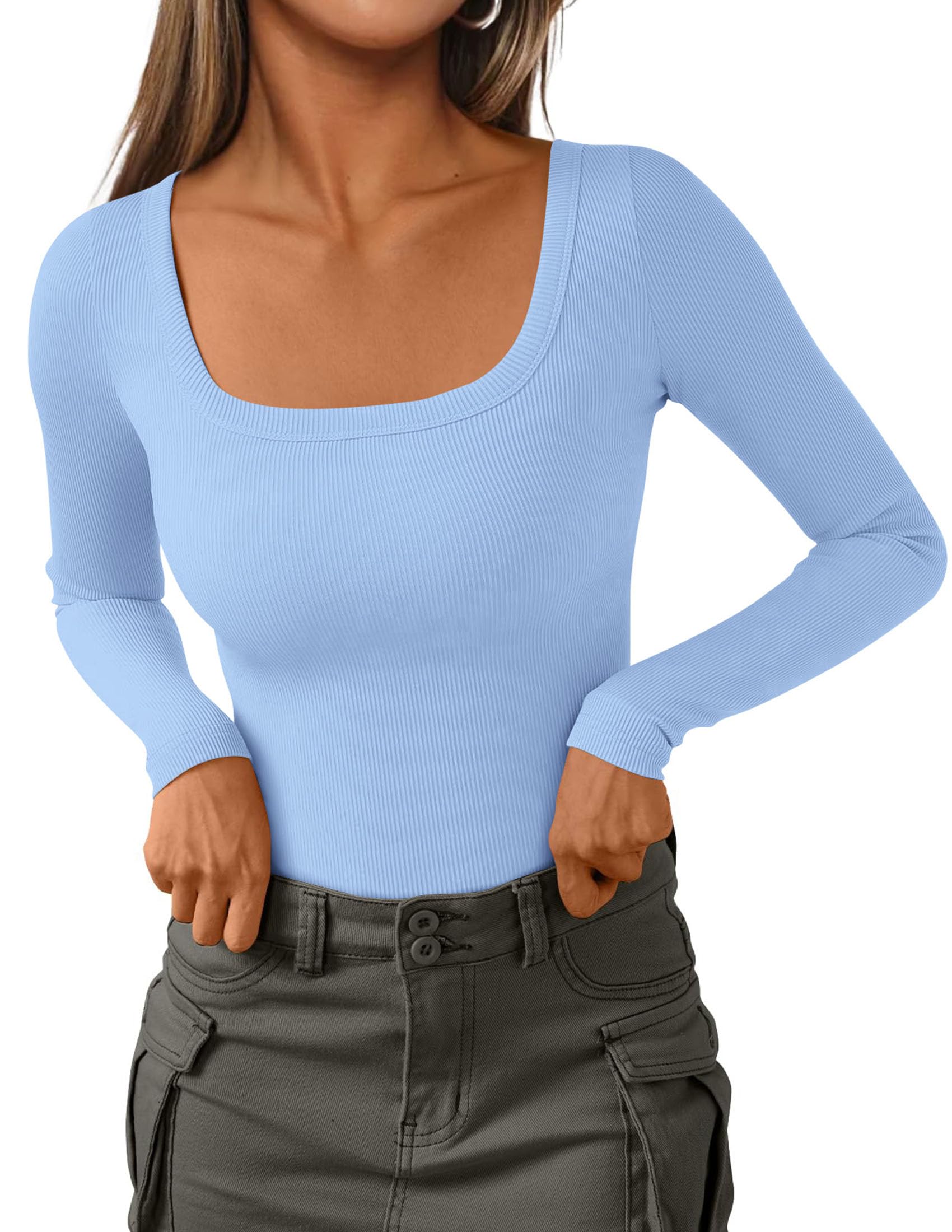 Square Neck Long Sleeve Shirts for Women Light Blue,L