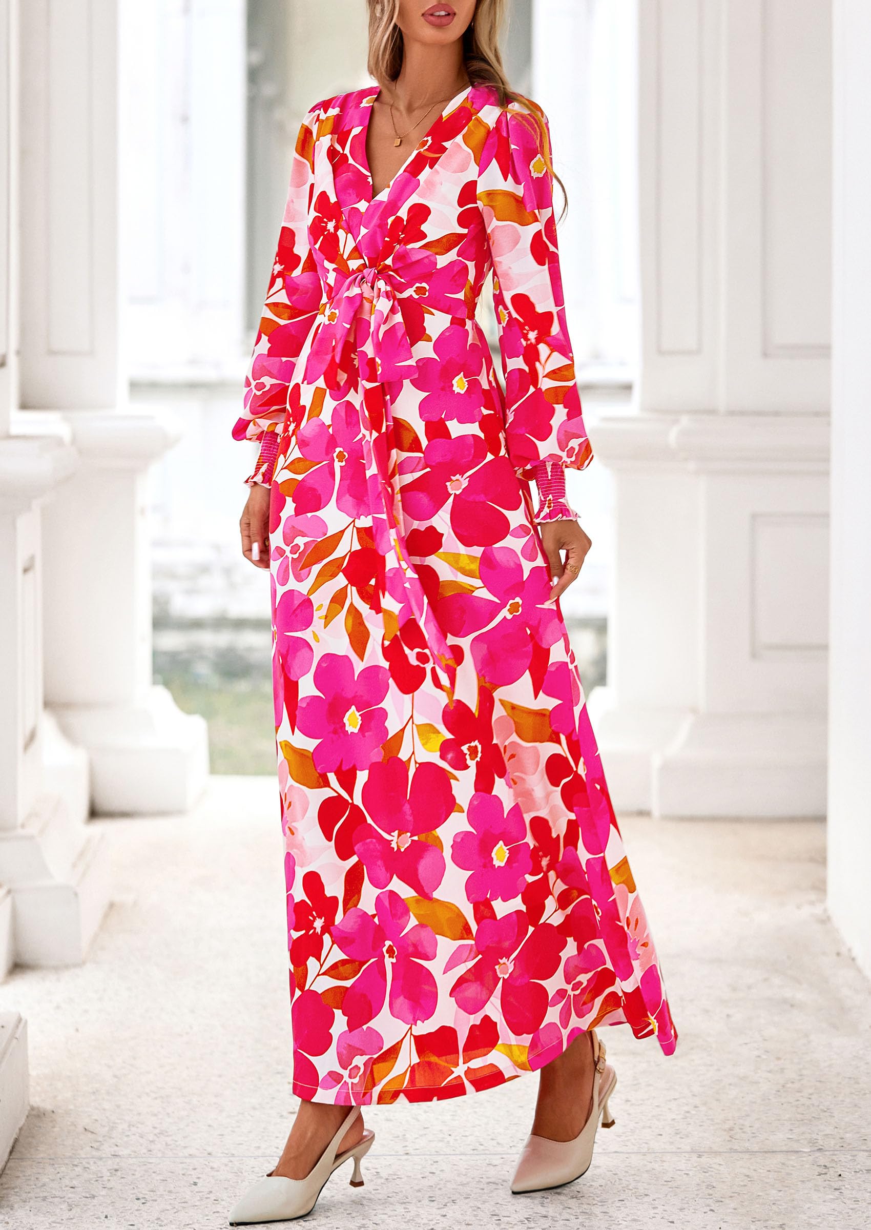 Women's Tie Waist Floral Maxi Dress,Floral White Rose Red,S