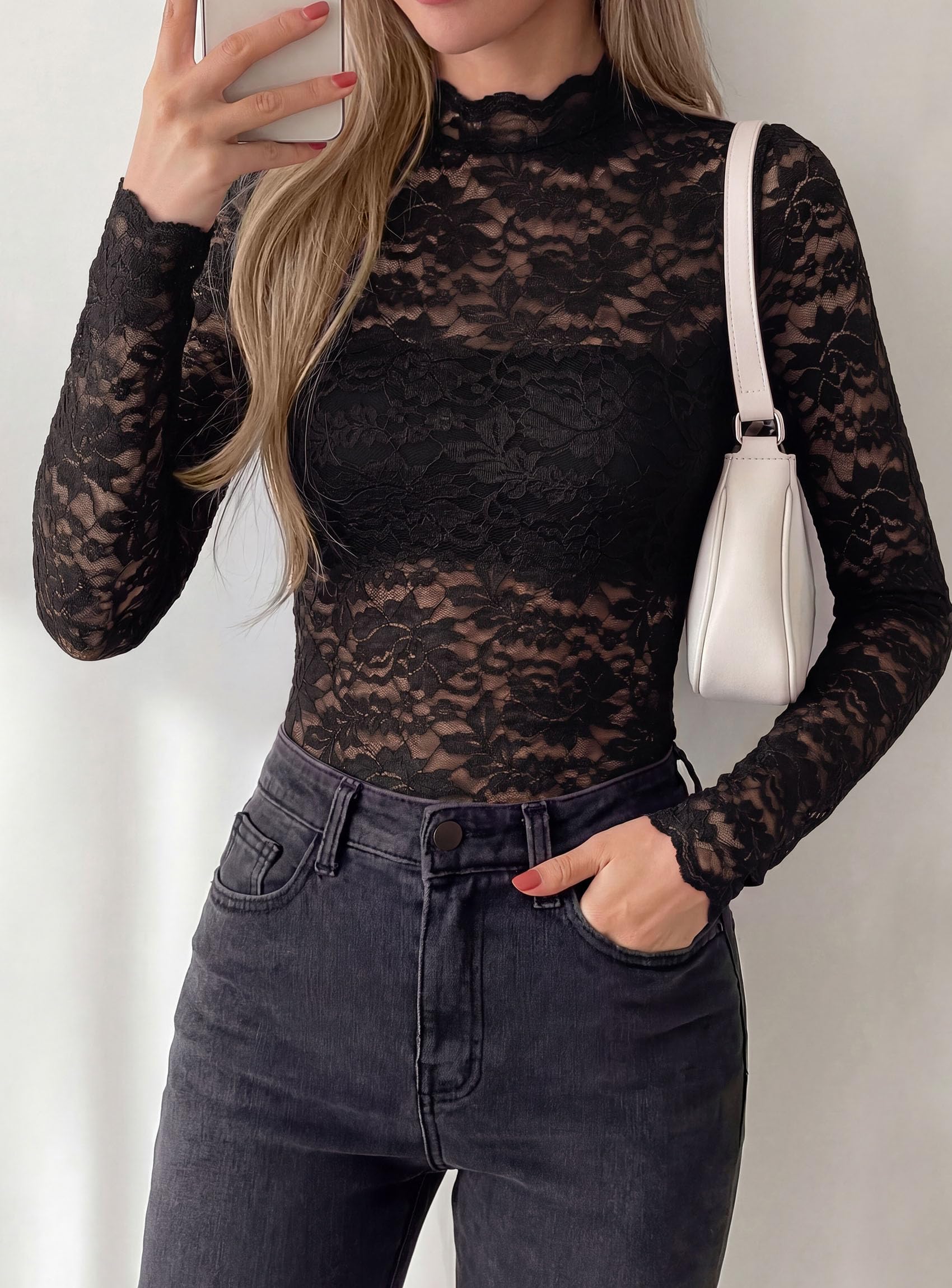 Womens Lace Long Sleeve Tops Sheer Mesh Blouse Black,S