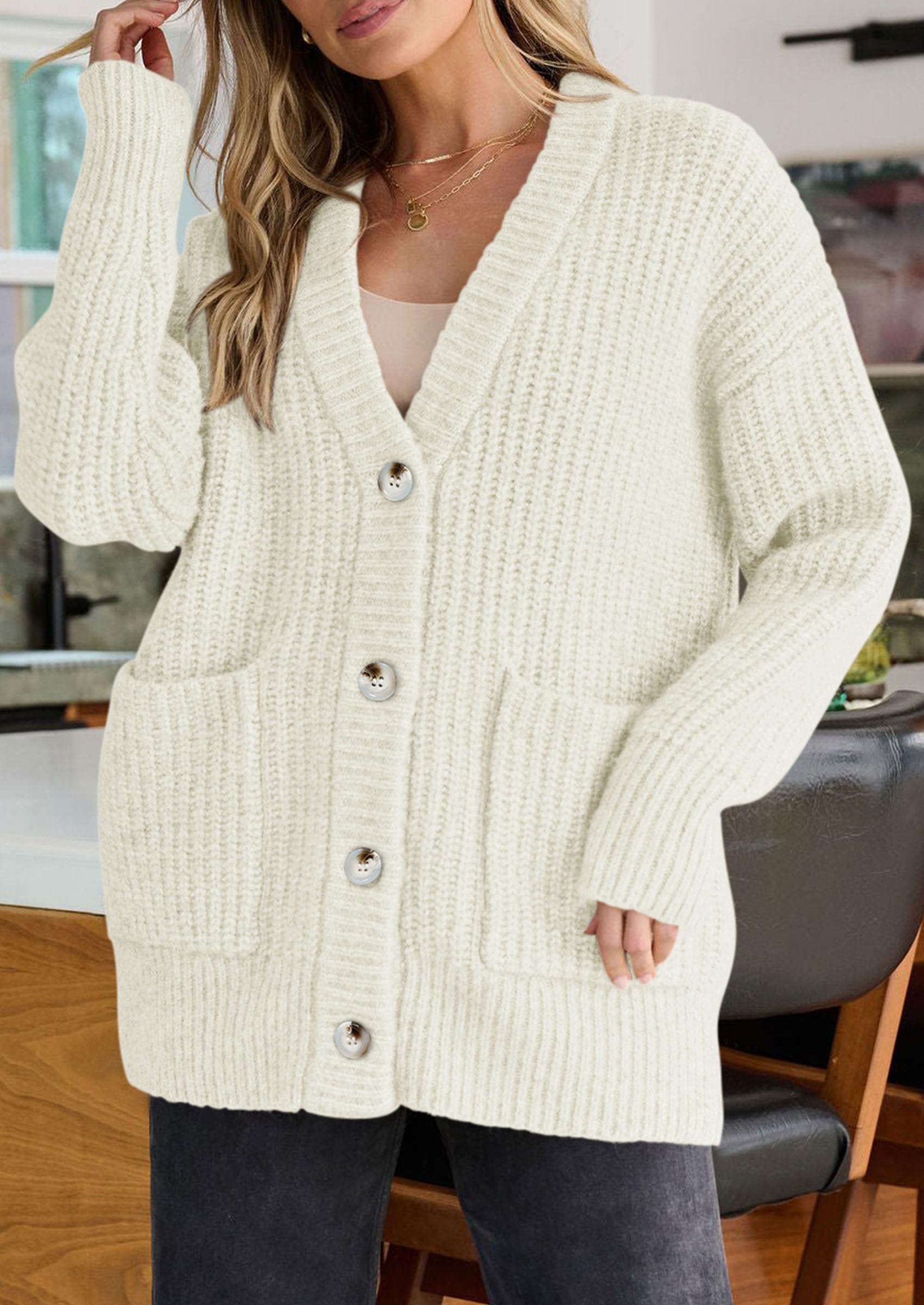 Oversized Cardigan Sweaters for Women Button Up,White,S