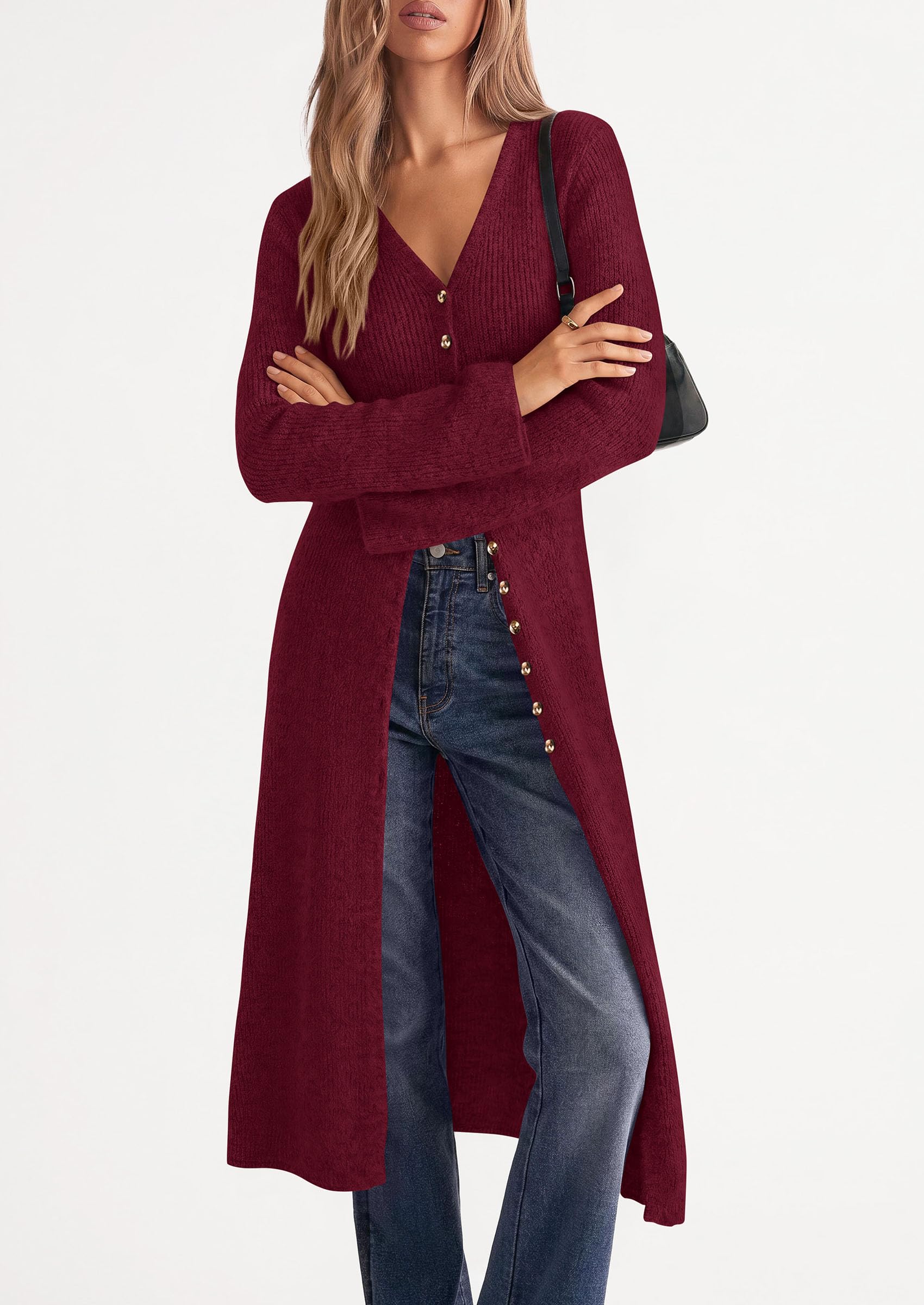 Women Long Cardigan Bell Sleeve Sweater Dress (Wine Red,S)