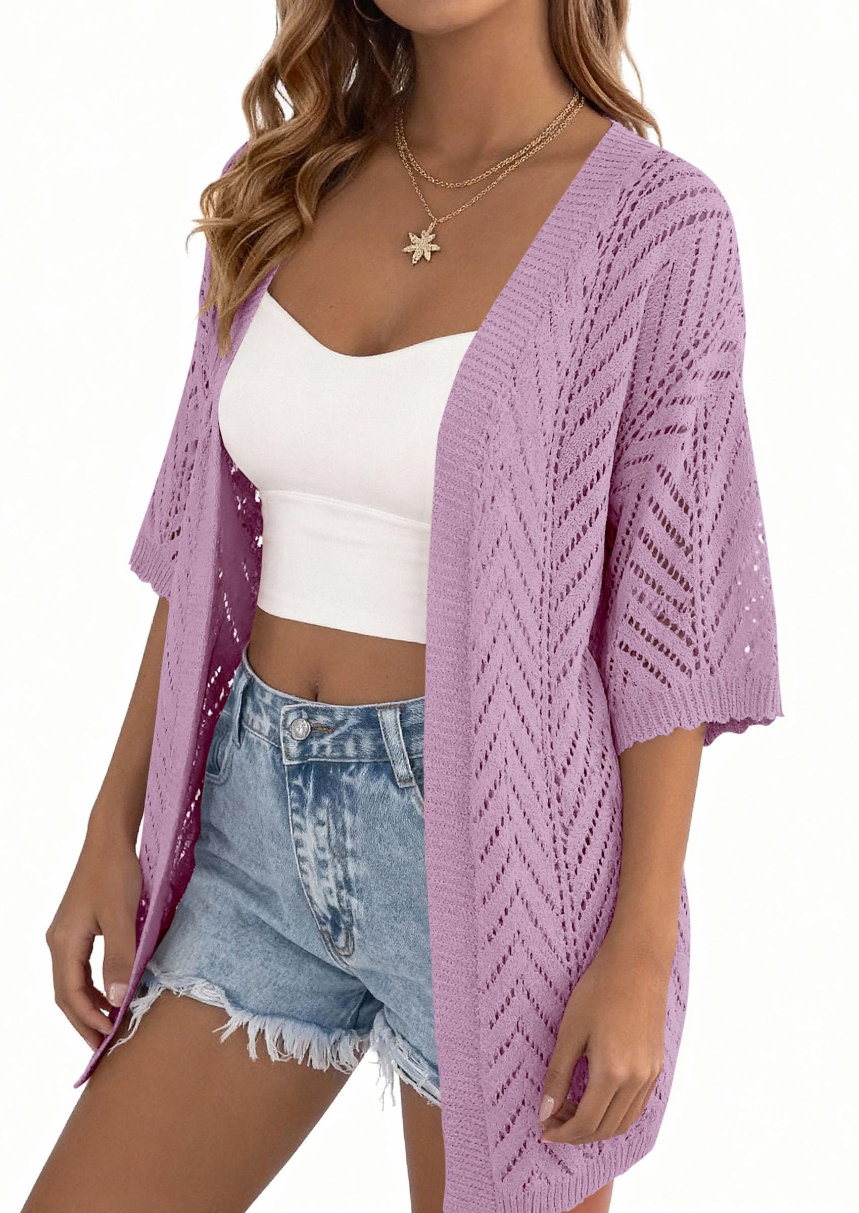 Women Lightweight Summer Short Sleeve Cardigan, Purple,S
