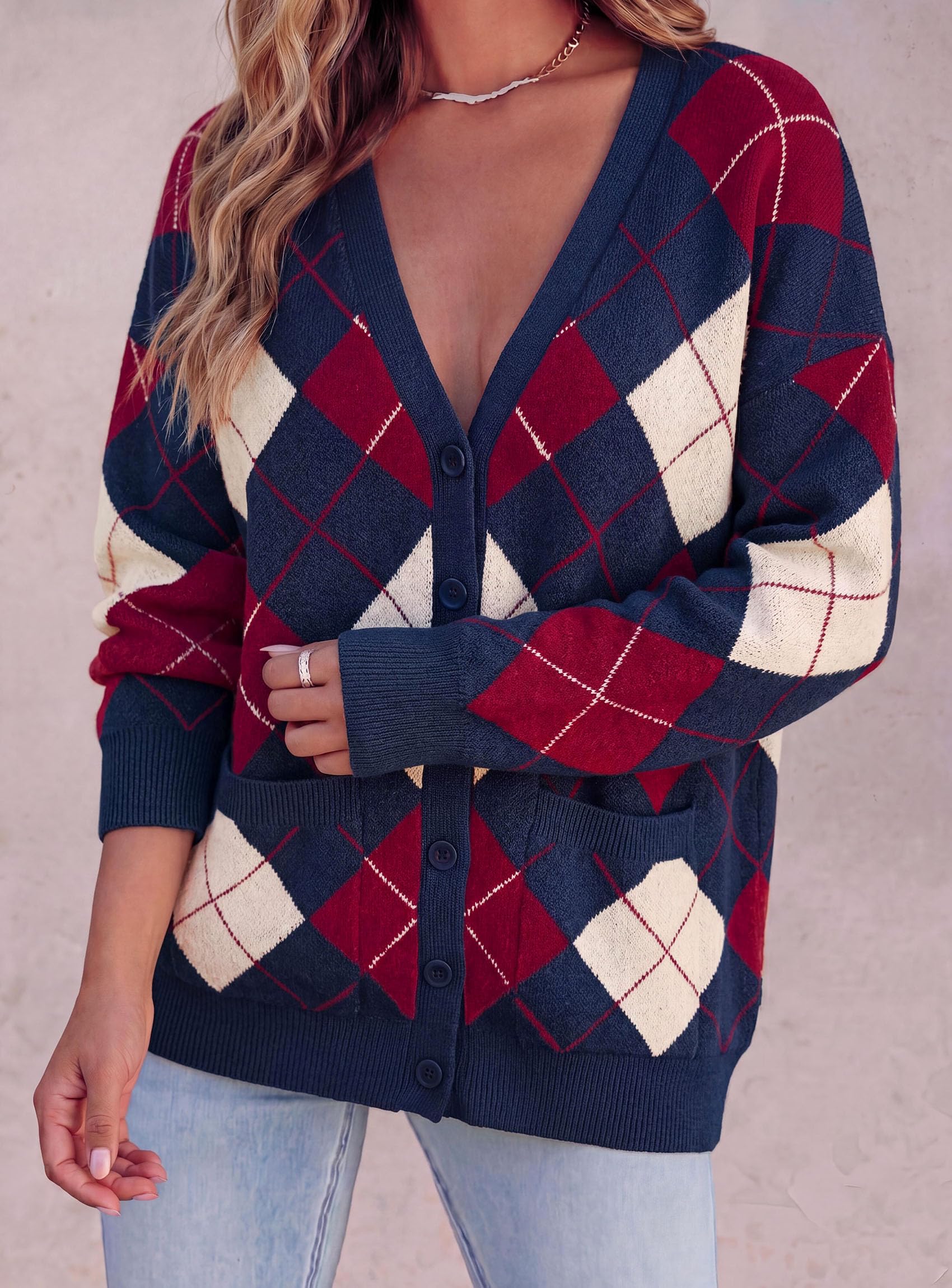 Women's Cardigan Argyle Winter Sweaters (Plaid Navy Blue,S)