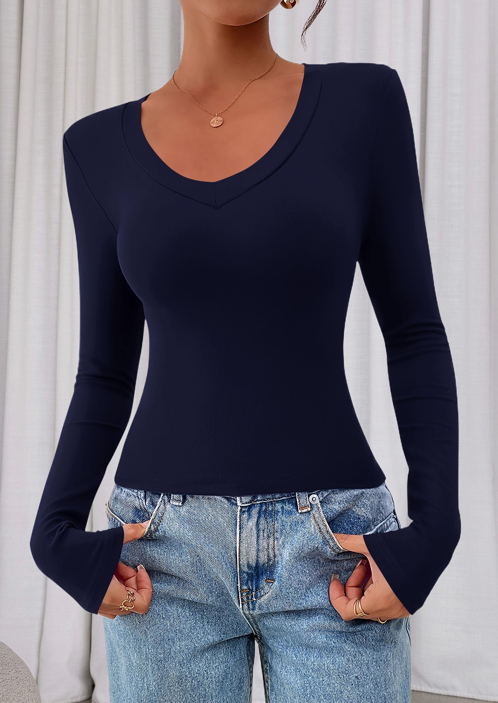 Womens Long Sleeve Slim Fit Crop Tops,Navy Blue,XS