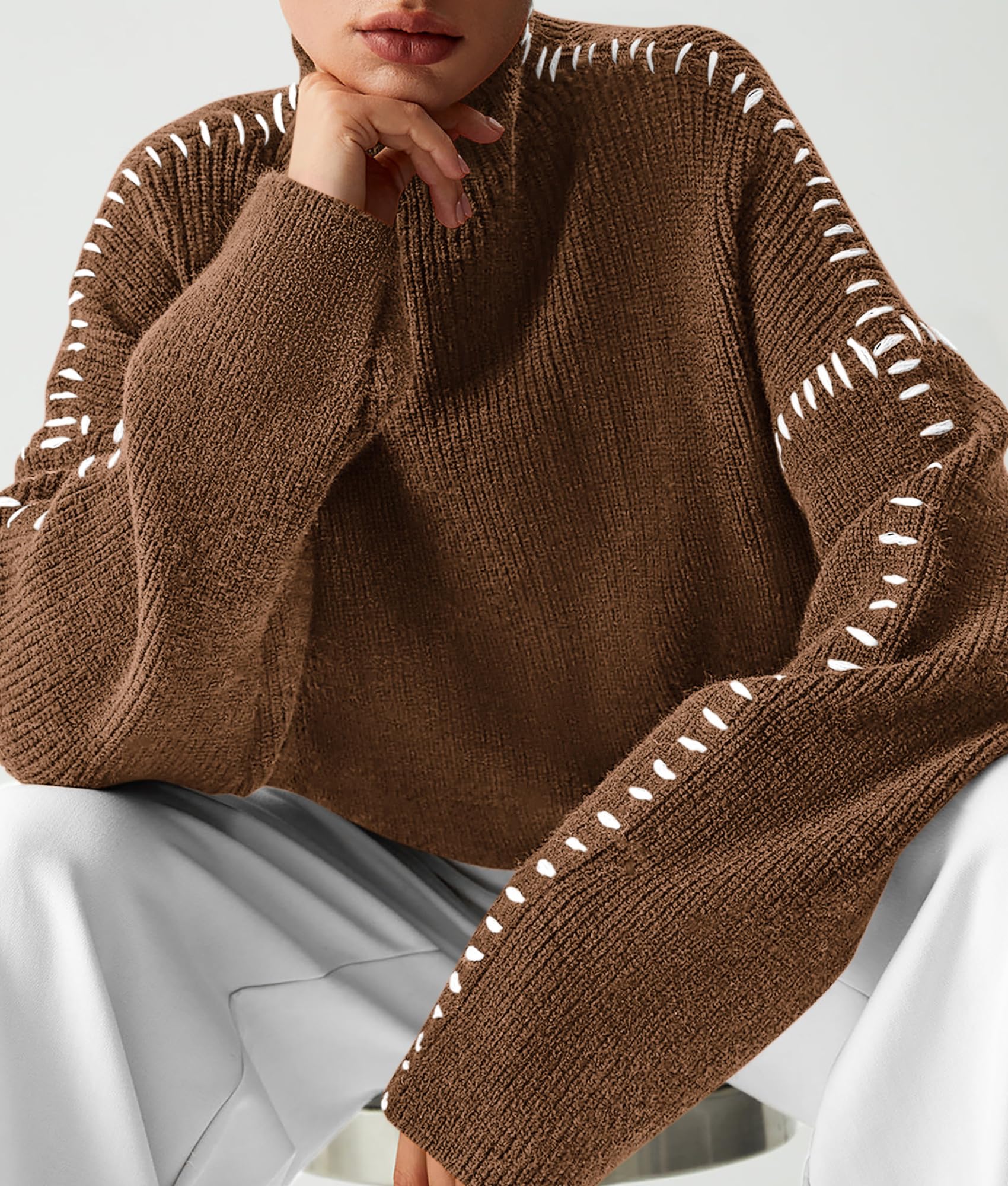 Womens Chunky Knit Oversized Pullover Sweaters,Khaki,S