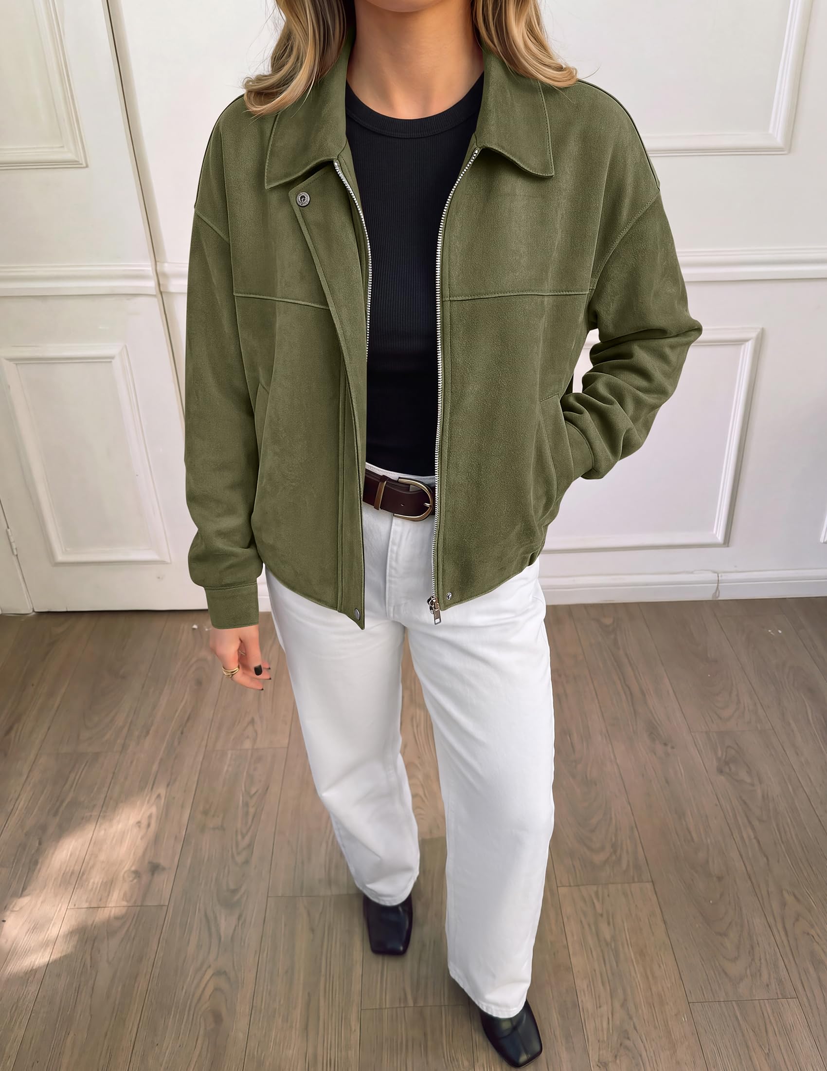 Women's Faux Suede Cropped Fall Jackets,Army Green,M
