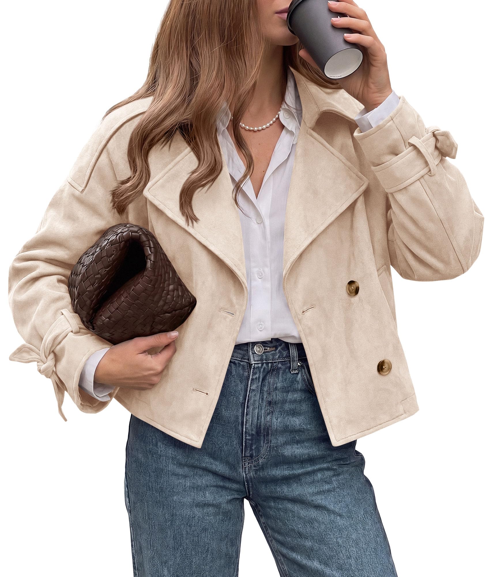Women Faux Suede Double Breasted Trench Coat Cropped Jackets