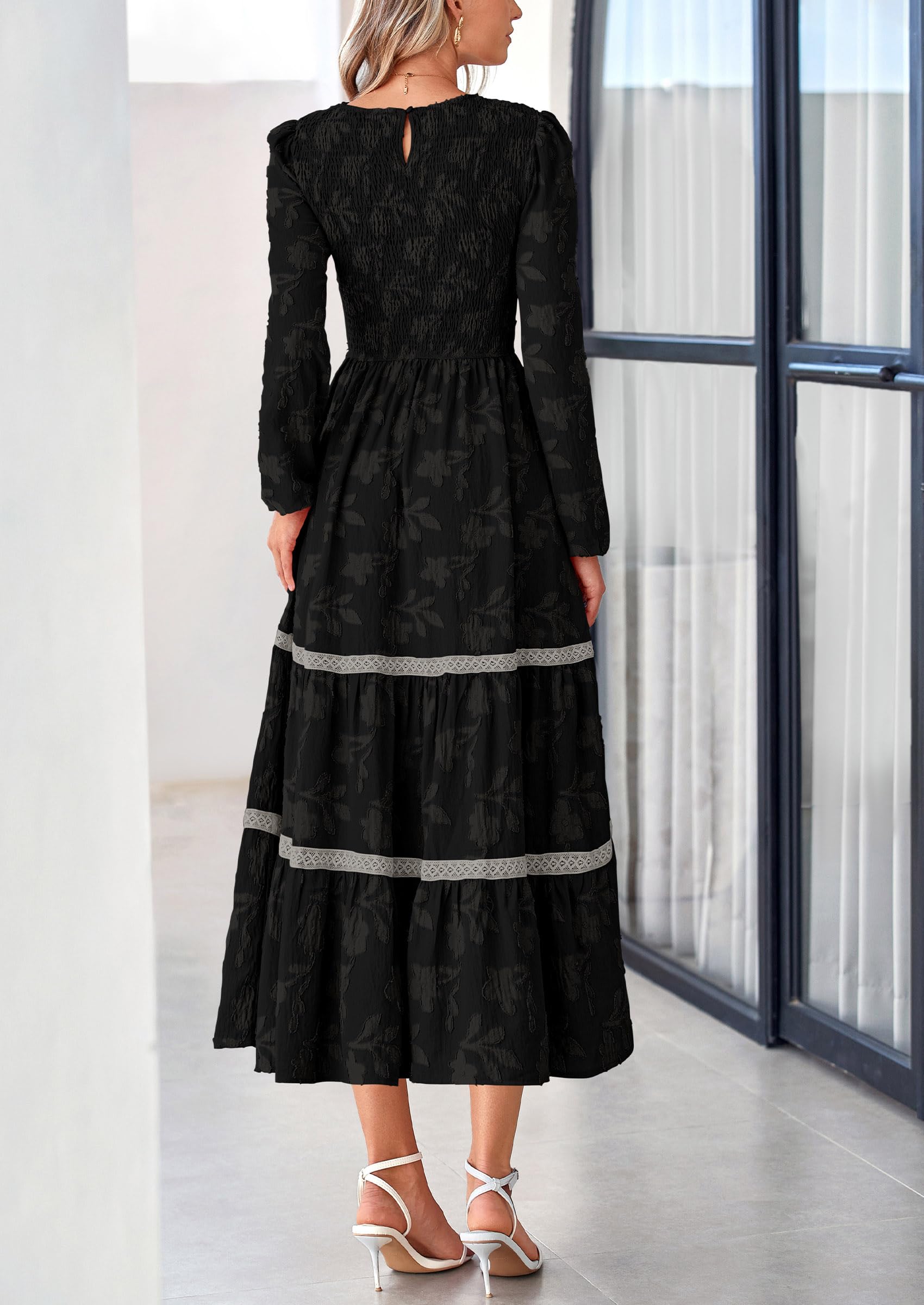 Women's Long Sleeve Boho Floral Midi Dress, Black,S
