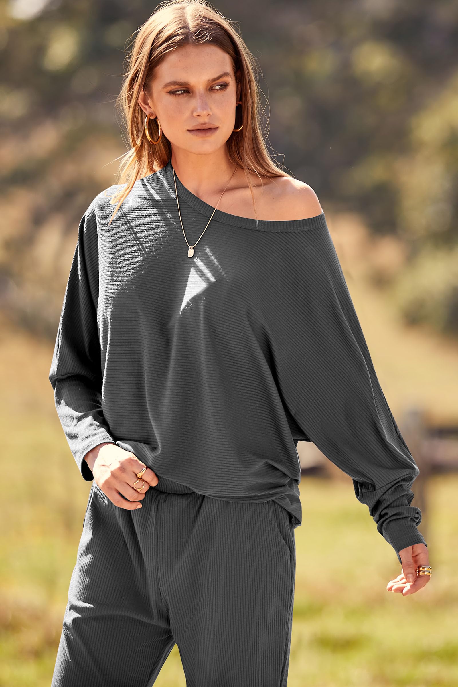 Women's 2 Piece Outfit Matching Lounge Set, Dark Grey,S