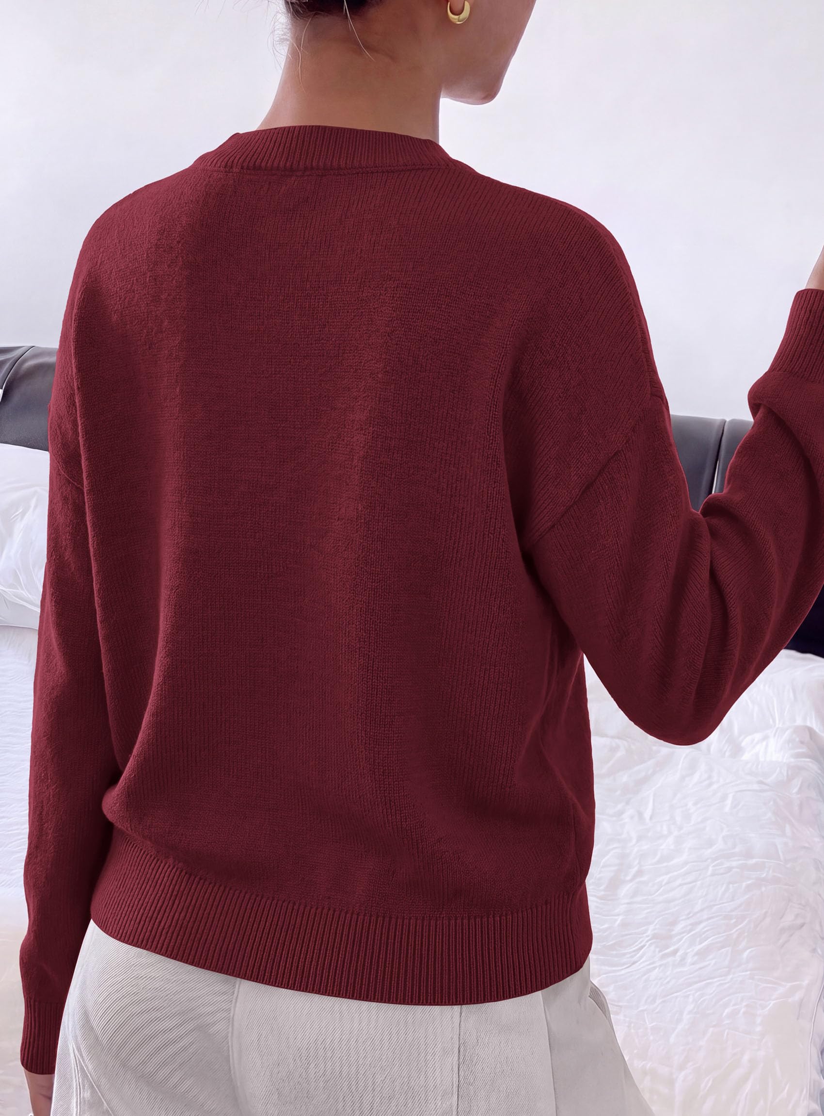 Womens Sweaters Floral Long Sleeve Knit Tops,Burgundy,S