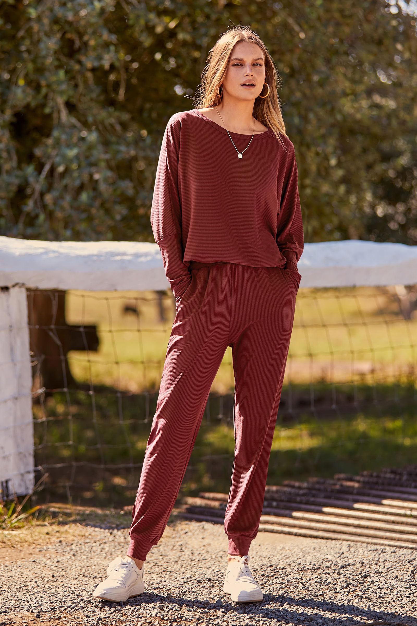 Women's 2 Piece Outfit Matching Lounge Set, Brown Red,S