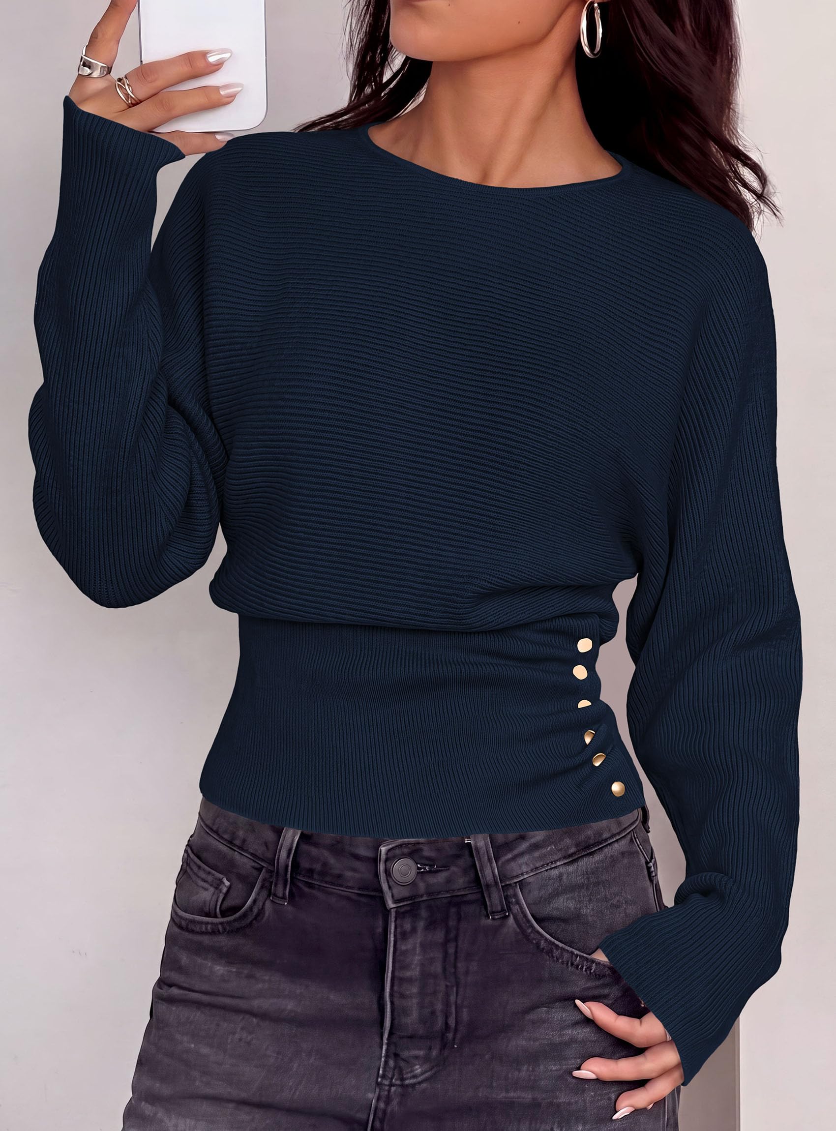 Batwing Sleeve Sweaters for Women Pullover Fall Clothes Navy