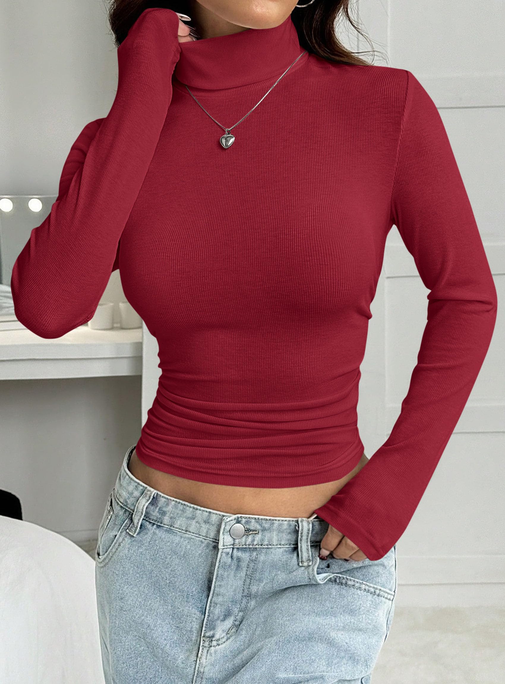 Turtleneck Tops for Women Long Sleeve Shirts, Red, XS
