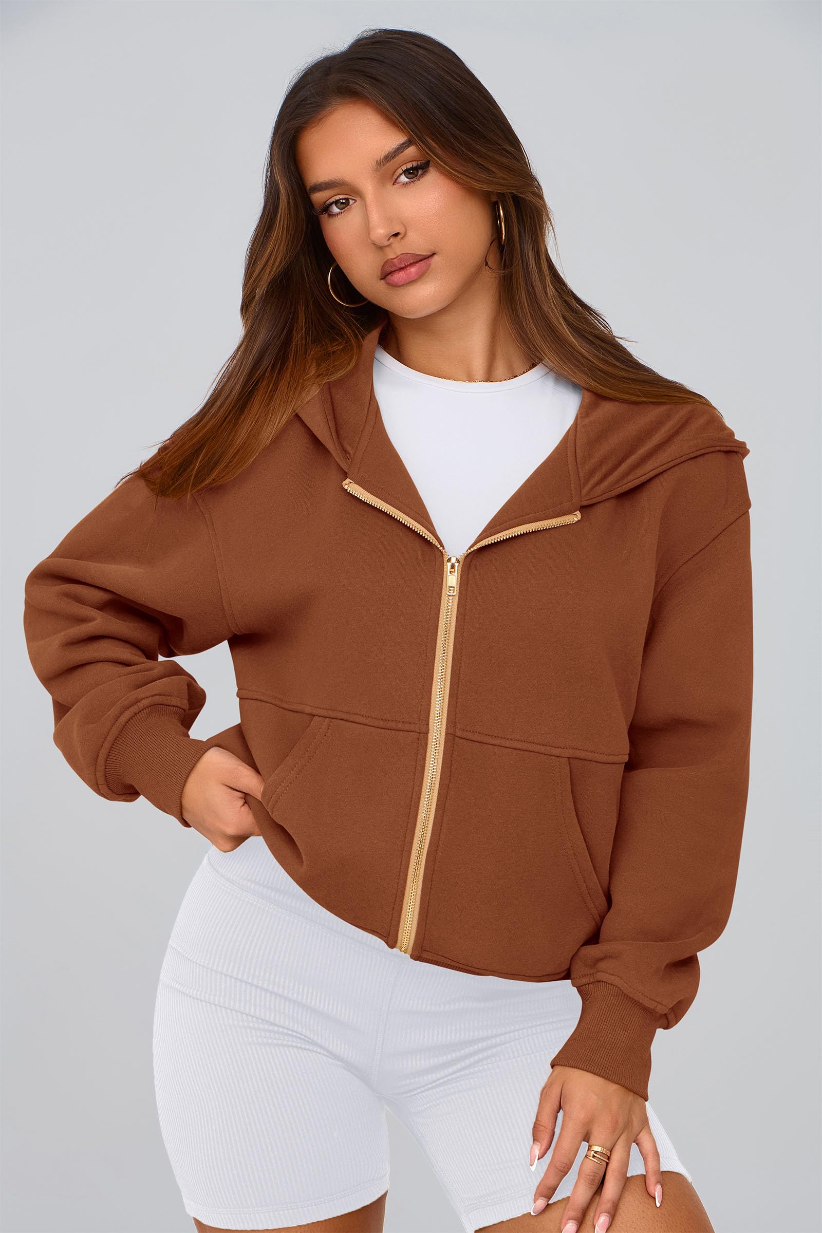 Hoodies for Women Fall Fashion Zip Up Fleece Plain Sweatshirt
