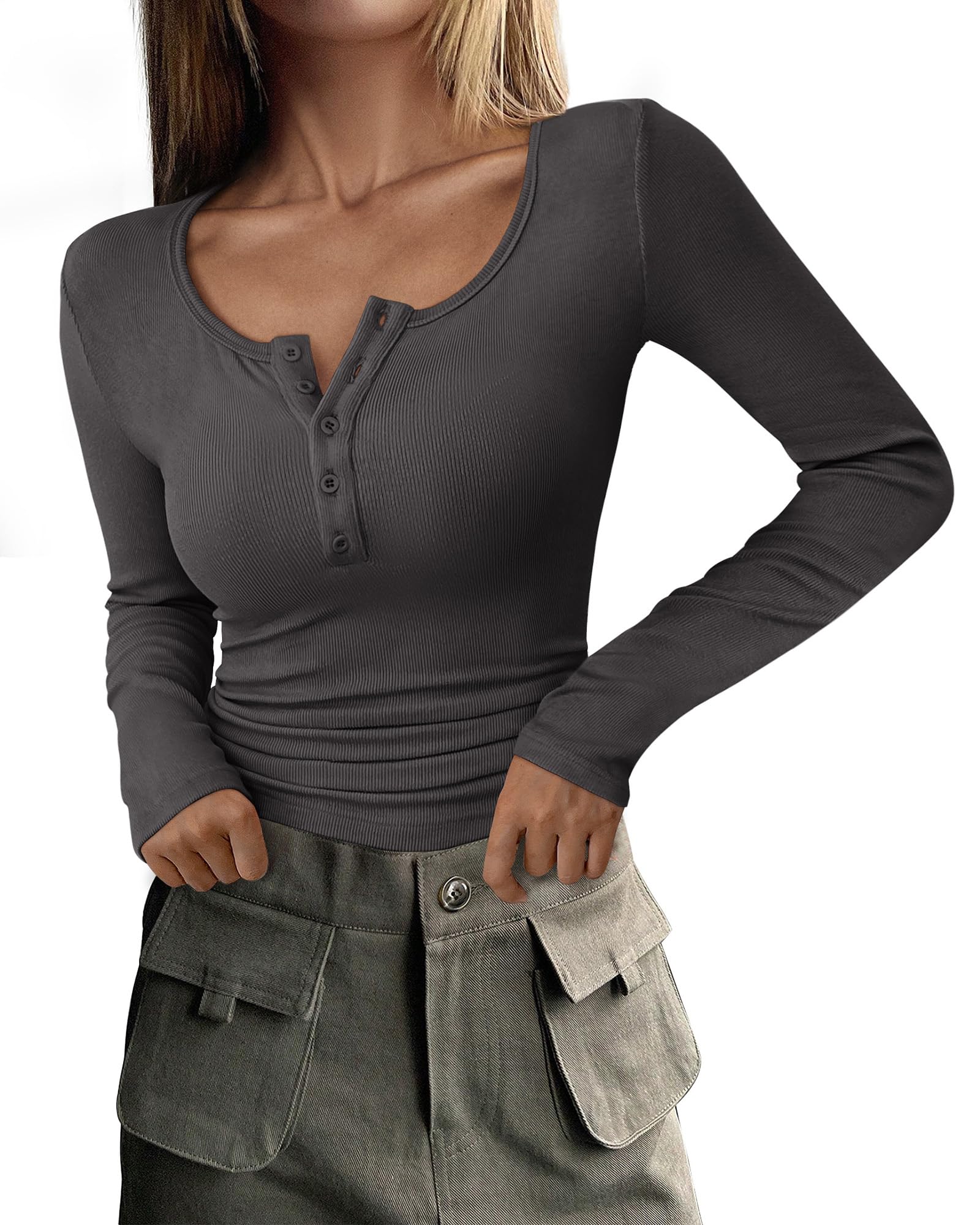 Women's Fall Long Sleeve Henley T Shirts Dark Grey