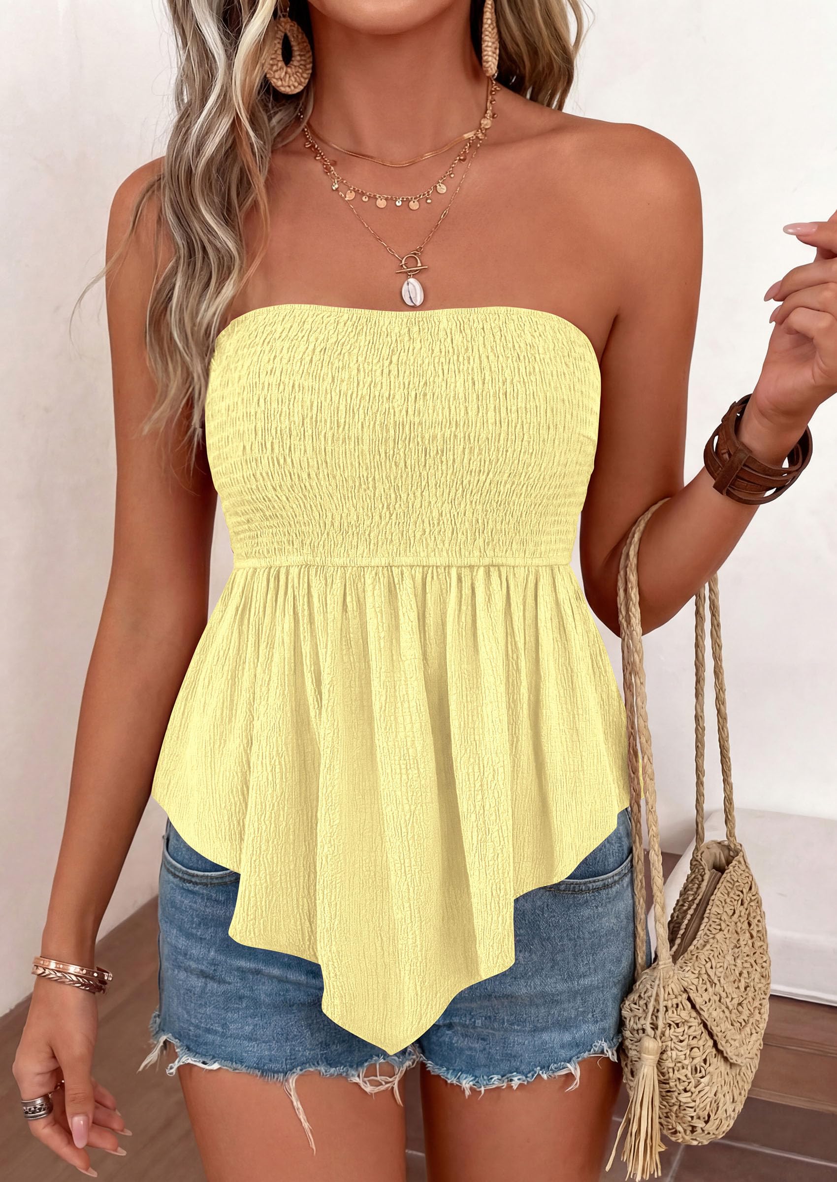 Women's Strapless Smocked Peplum Tube Top, Yellow,M