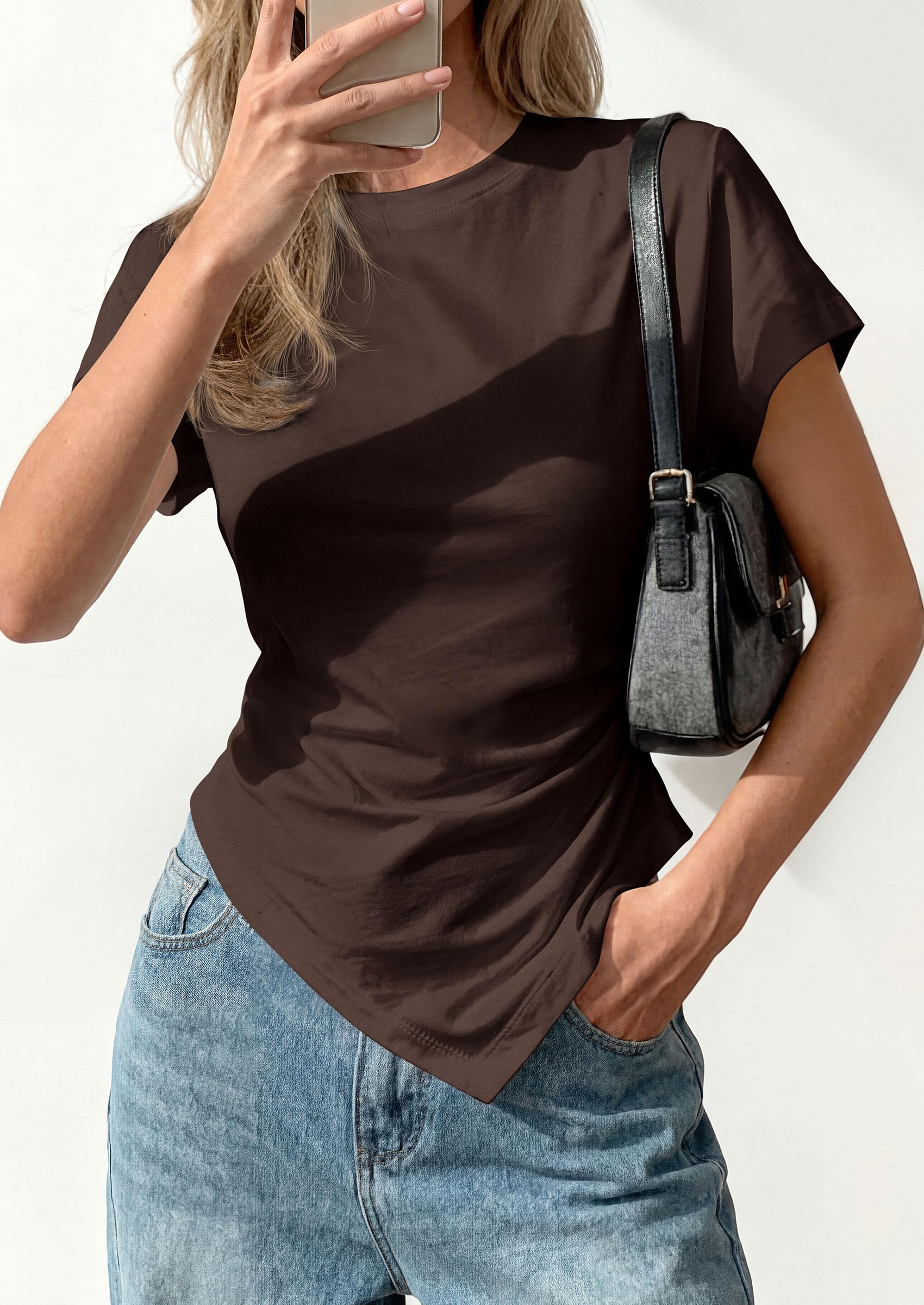 Womens Asymmetrical Summer Short Sleeve Tops,Brown,XS