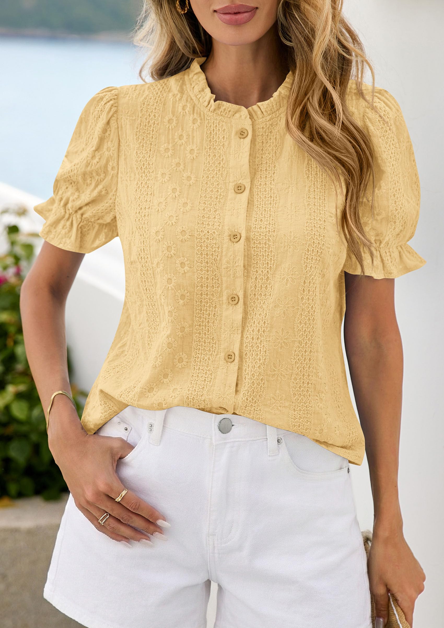 Womens Embroidered Puff Short Sleeve Tops,Yellow,S