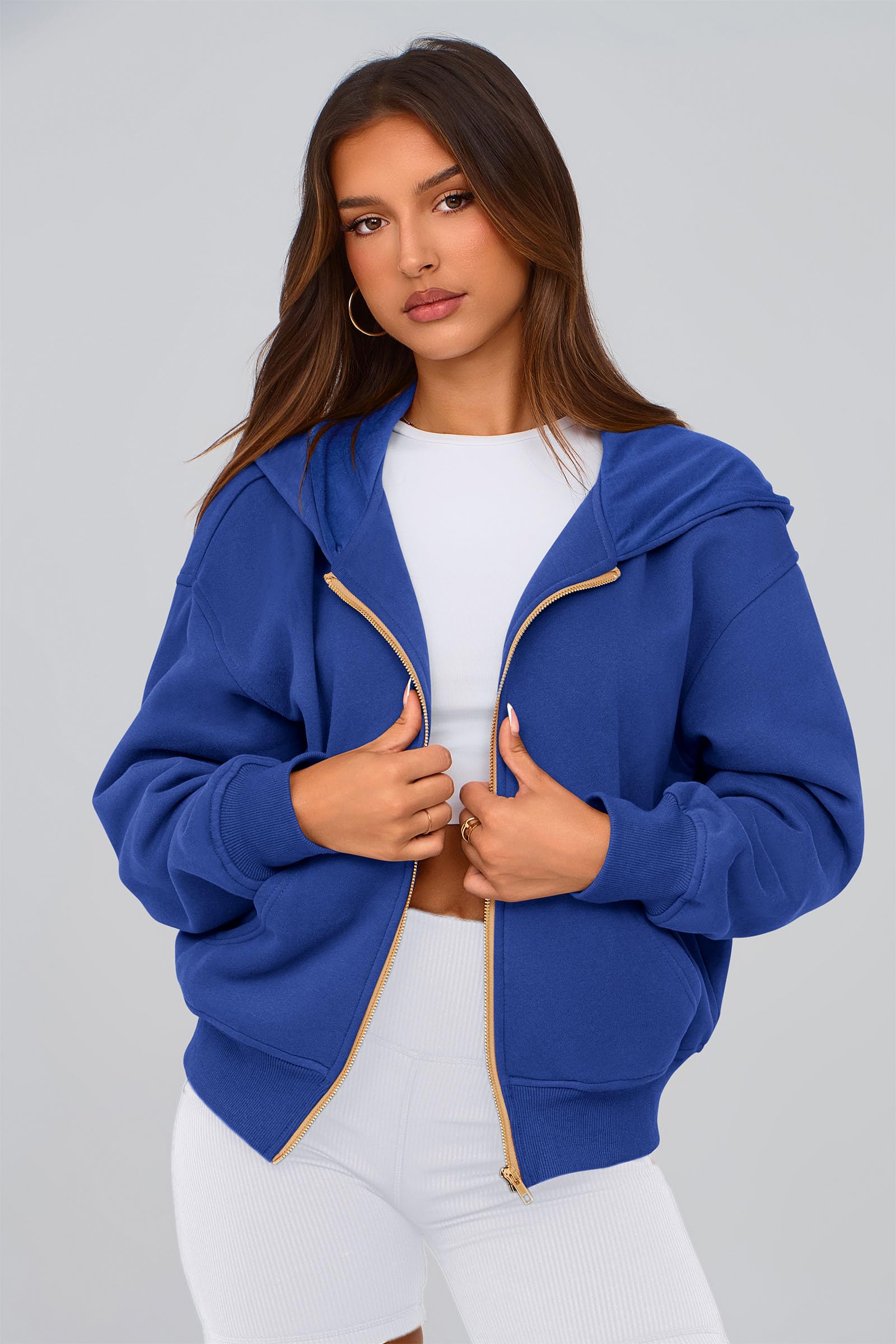 Hoodies for Women Fall Fashion Zip Up Fleece Plain Sweatshirt