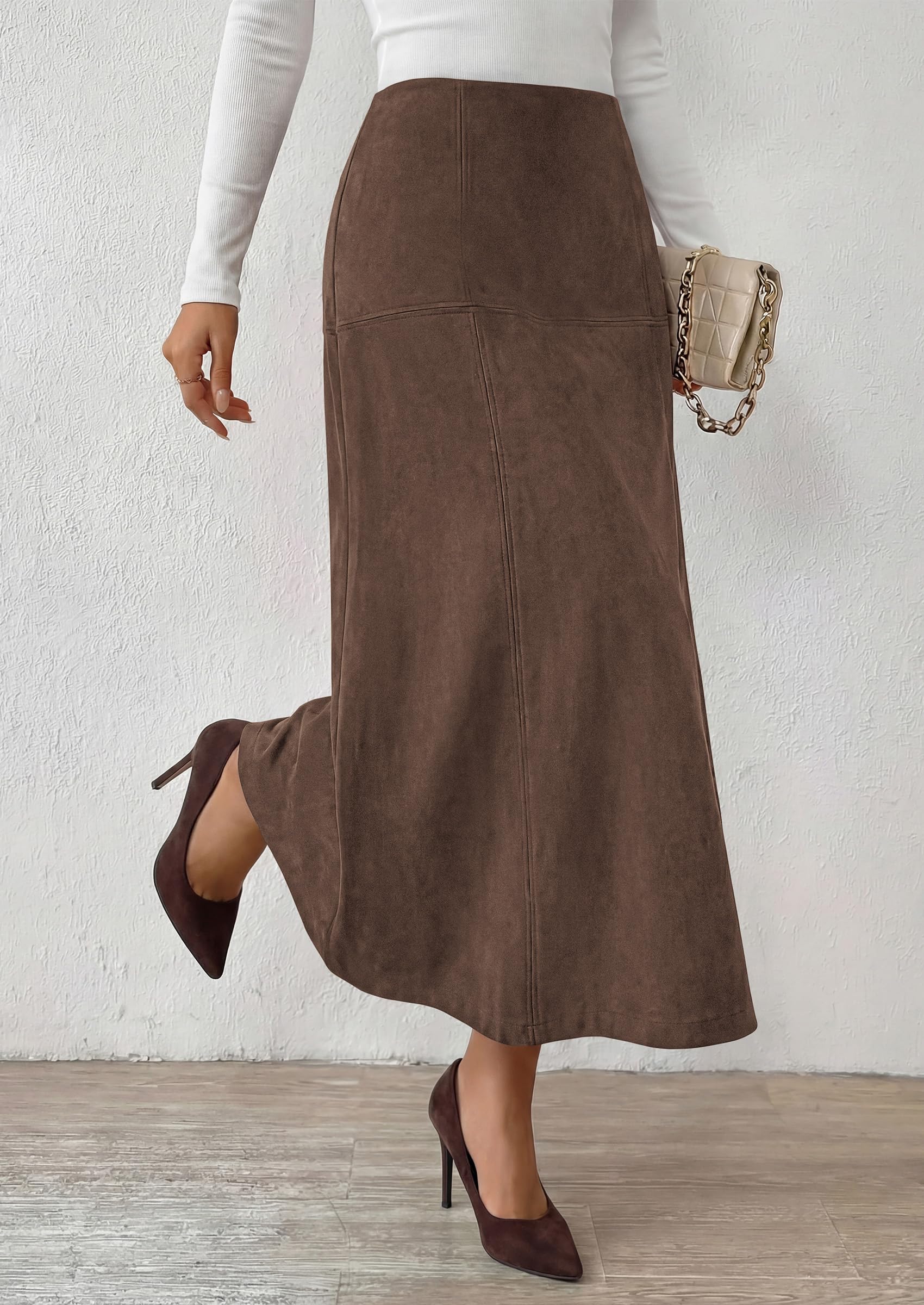 Womens High Waist Faux Suede A Line Midi Skirt,Dark Brown,XL