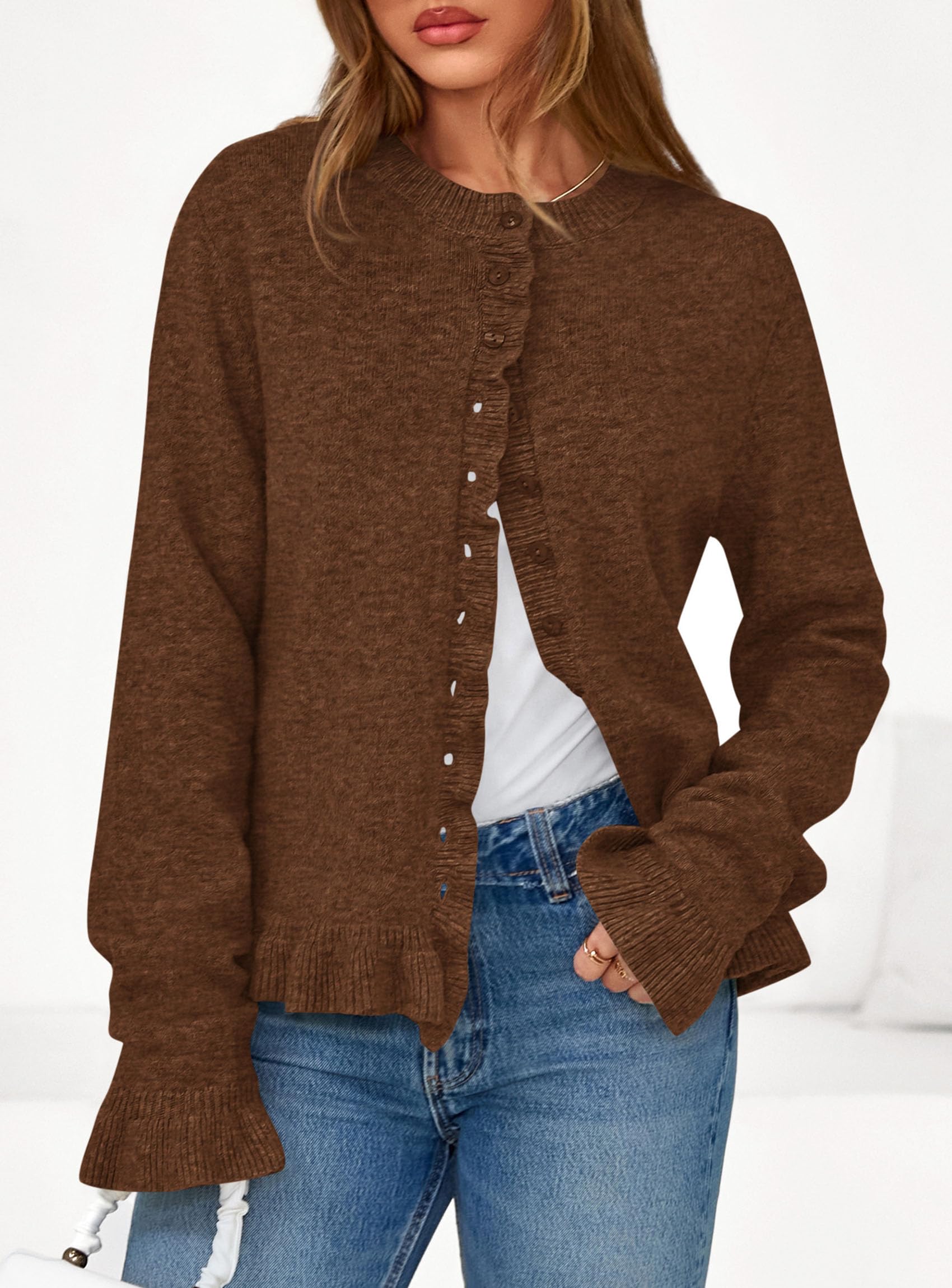 Womens Ruffle Button Down Cardigan Sweaters,Brown,S