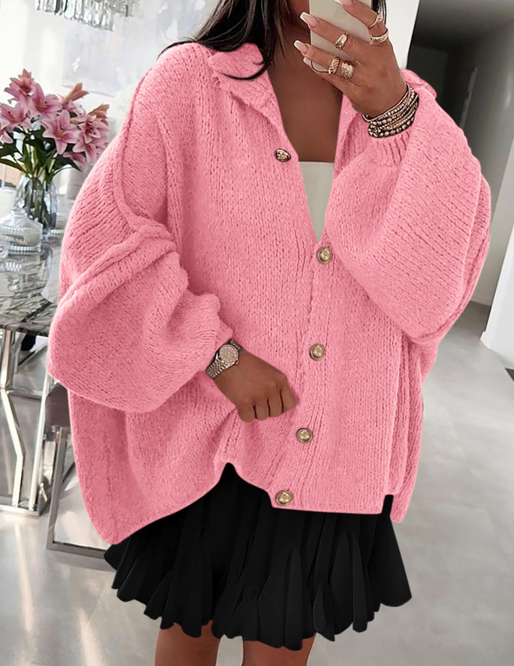 Women's Oversized Chunky Cardigan Sweaters(Pink,Small)