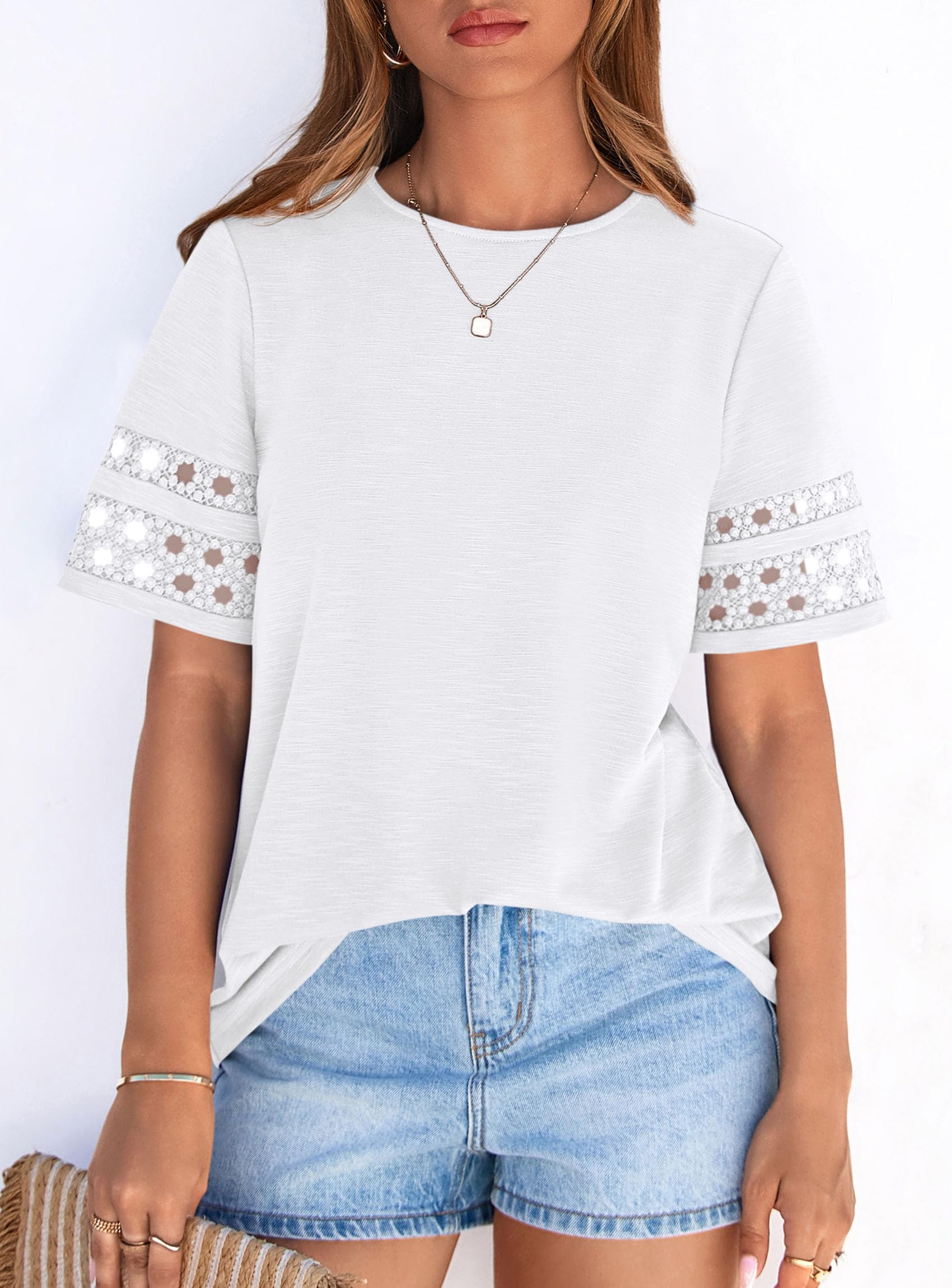 Women's Summer Short Sleeve Lace Trim T-Shirts,White,S