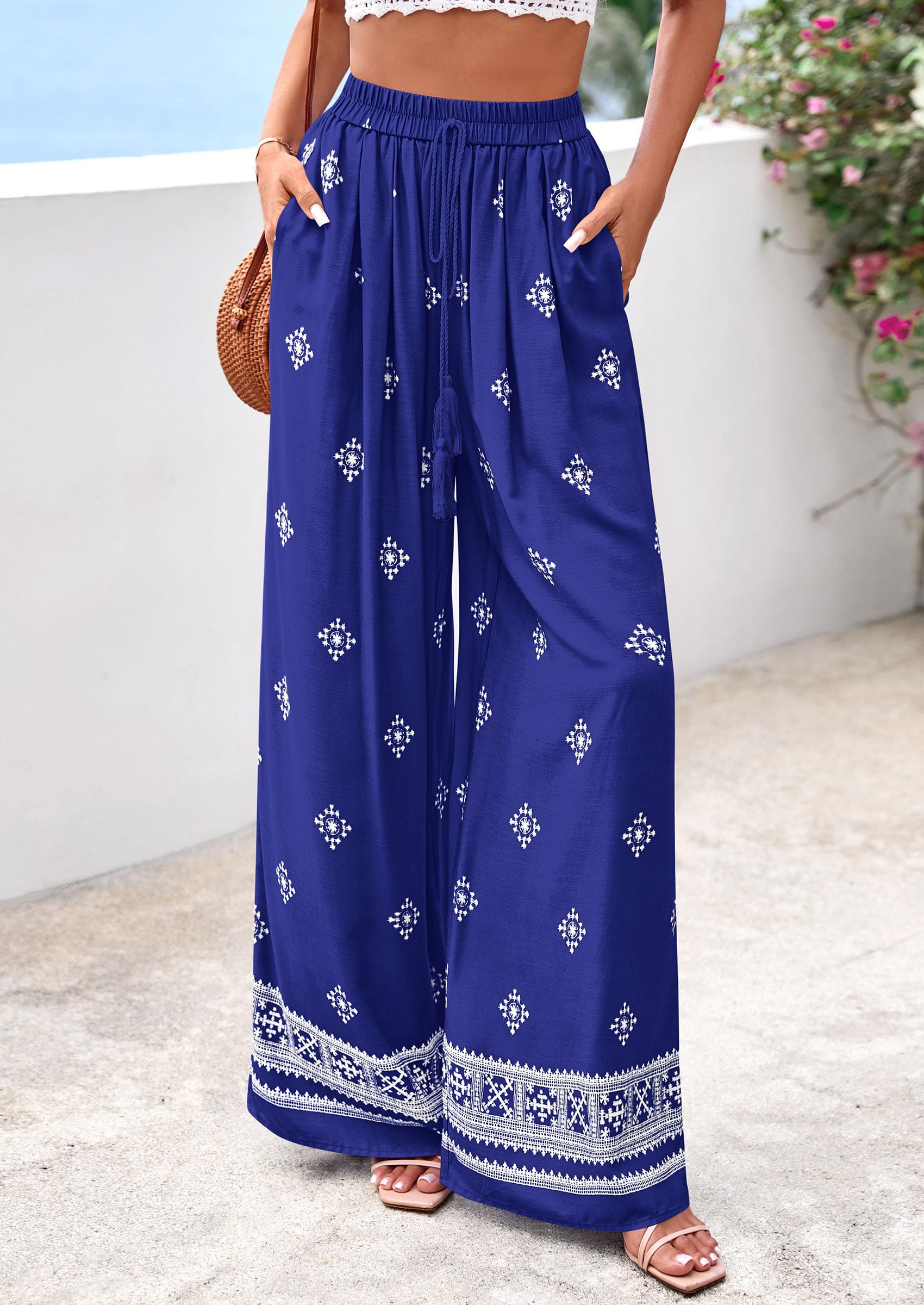 Wide Leg Flowy Boho Pants for Women, Royal Blue,S