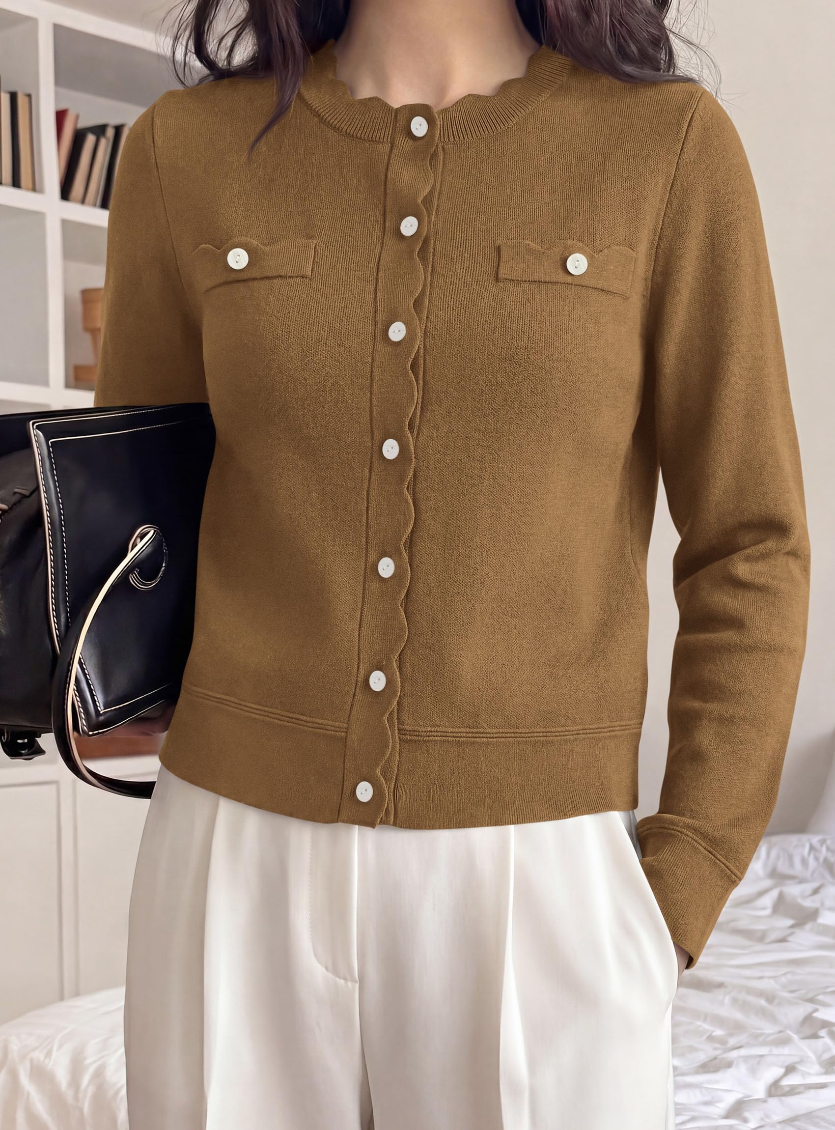 Womens Lightweight Cardigan Sweaters Scalloped Trim Fall Tops