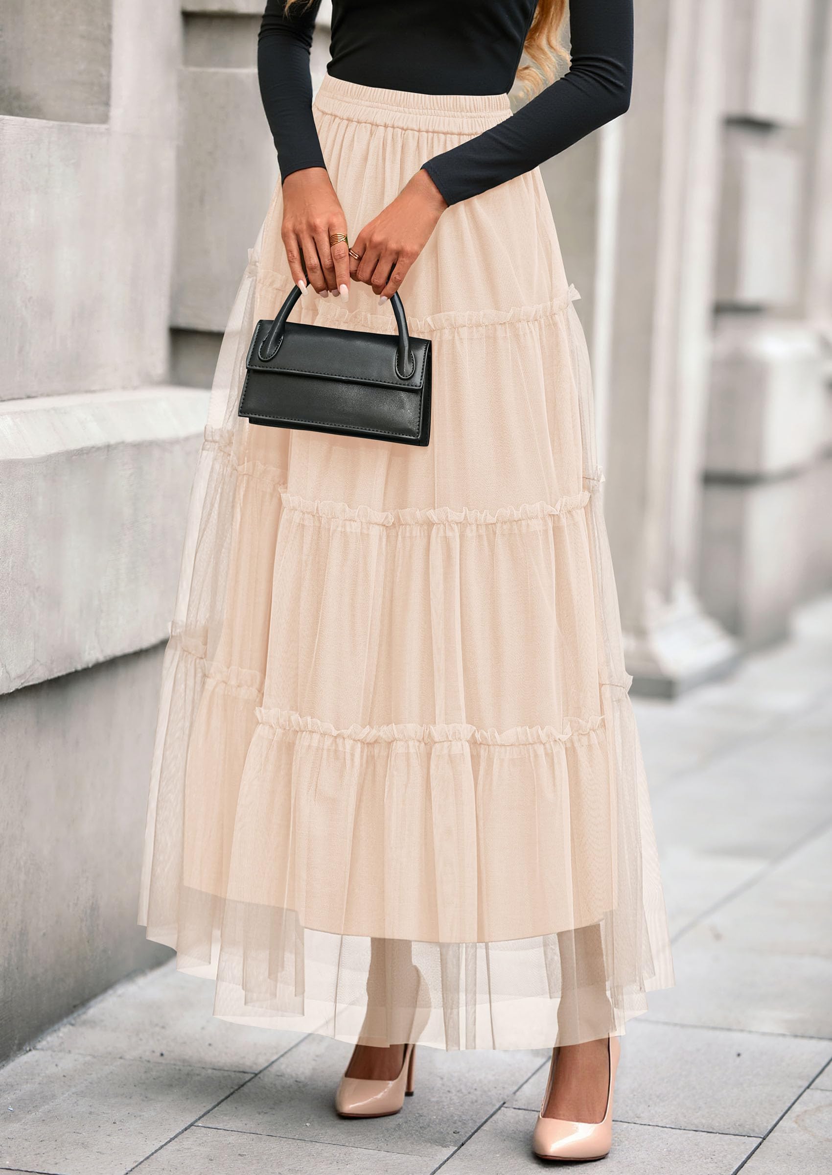 Women's Fall Soft Tulle Tiered Long Skirt,Beige,S
