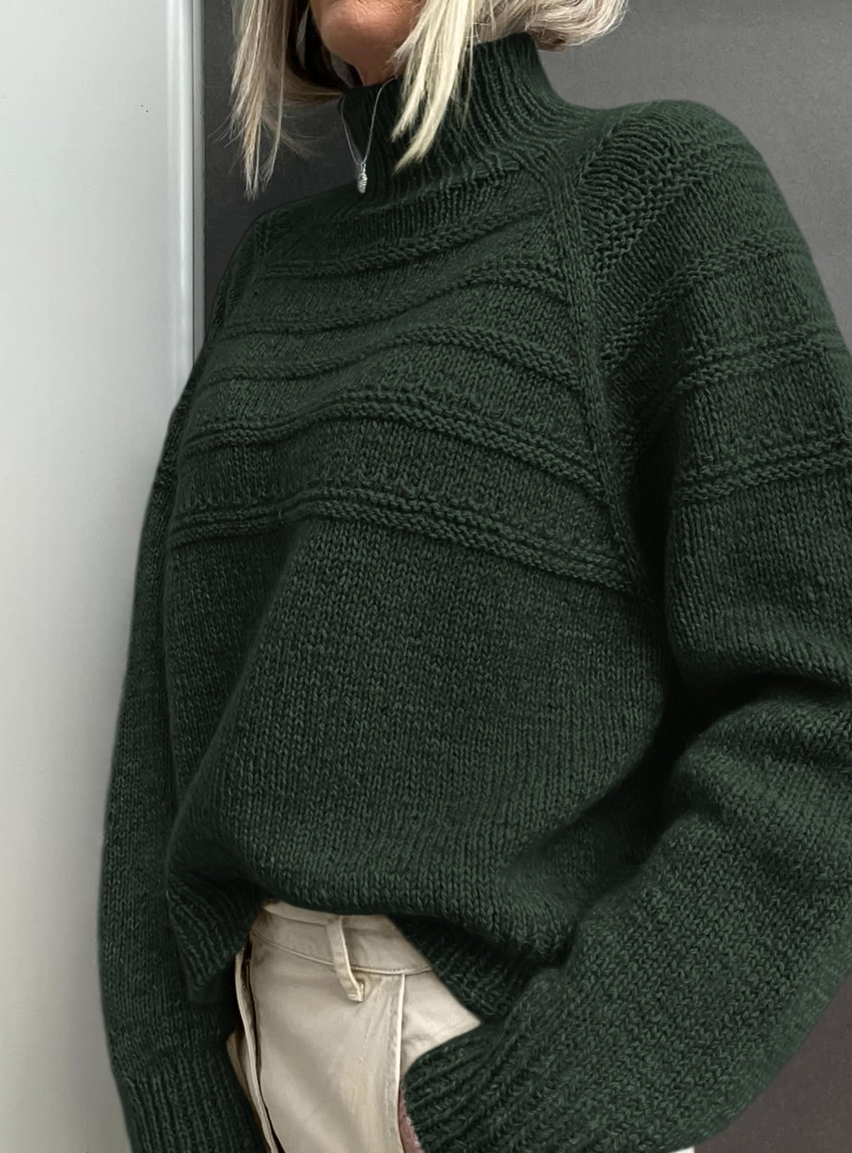Women's Chunky Knit Mock Neck Pullover Sweaters,Dark Green,S